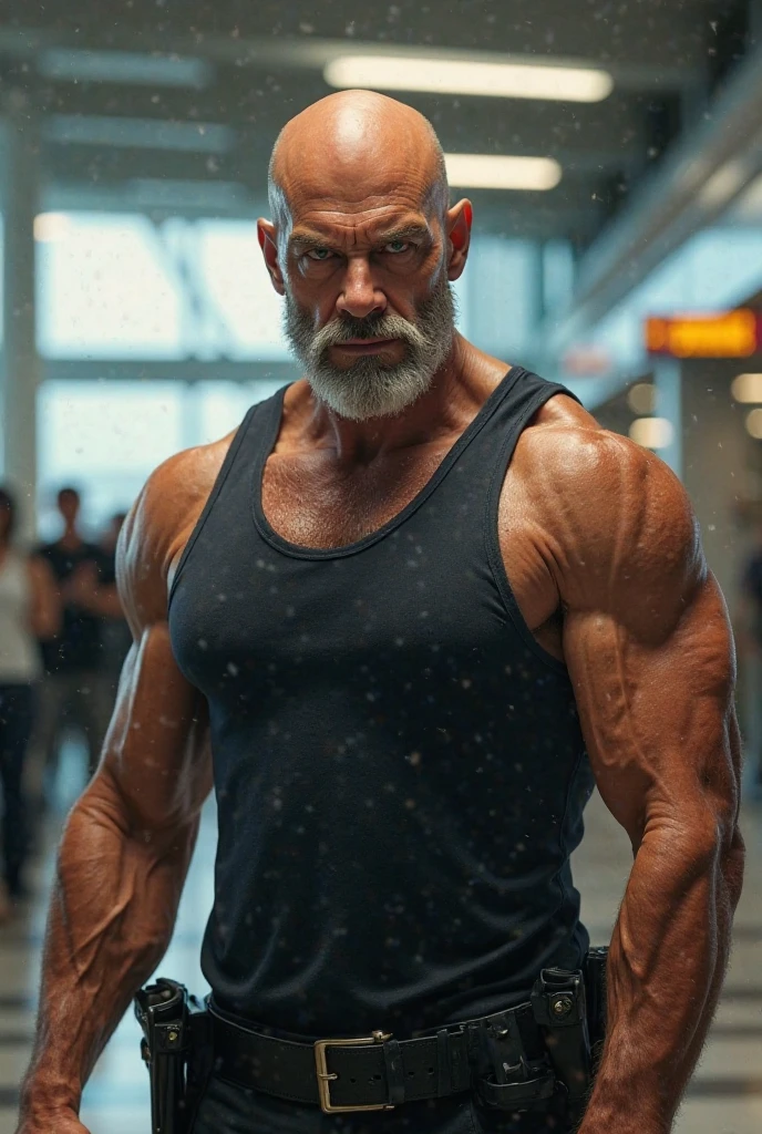 50 year old, daddy greg, tight gym clothes, wet, oil, muscular, realistic lighting, 4k, sexy pose, police officer