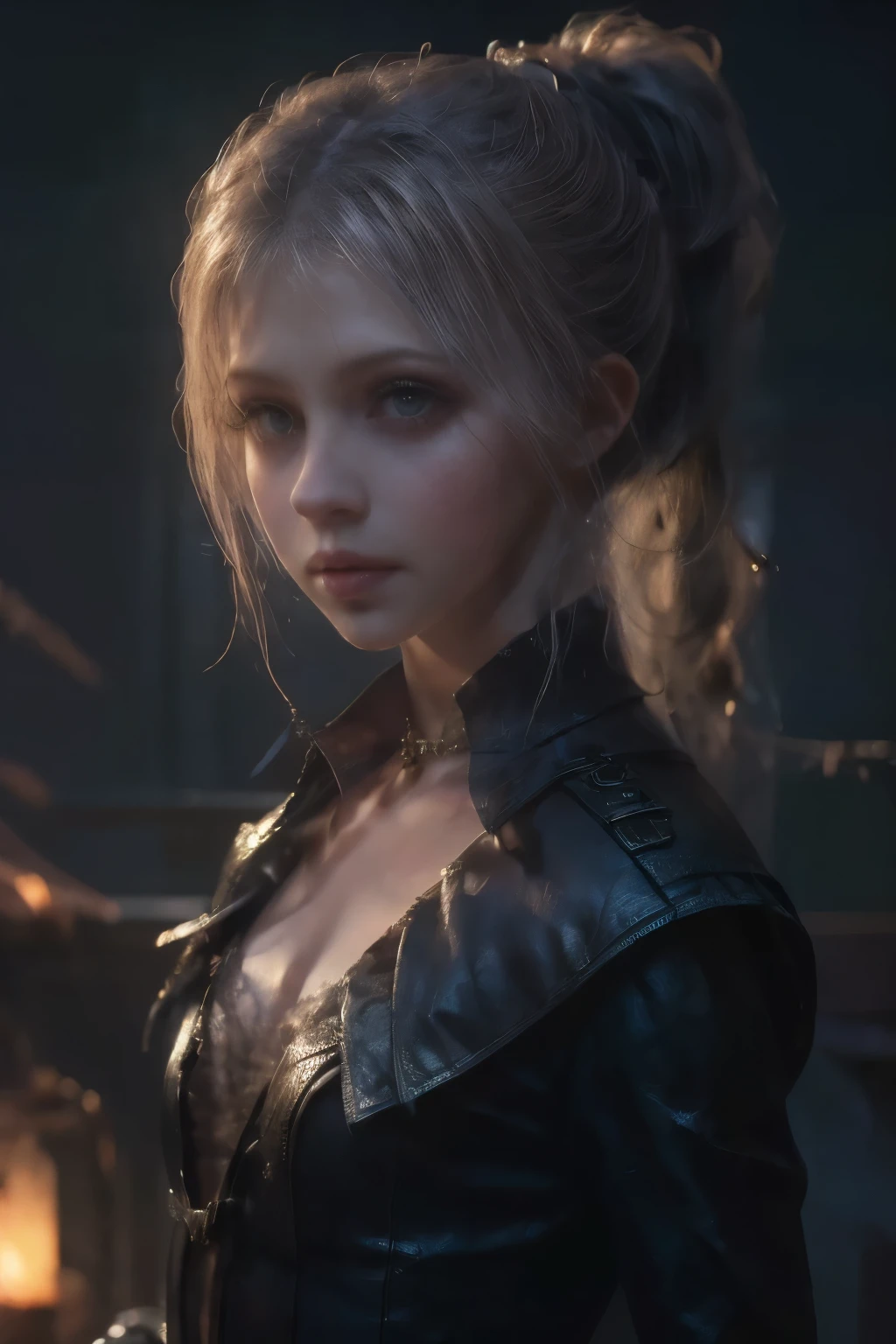 ((best quality)), ((masterpiece)), (detailed), score_9, score_8_up, score_7_up, score_6_up, (1girls), a female occultic knight, witch, knight, wielding a rapier-like sword, perfect face (((mastepiece, of the highest quality, super detailed))), photorealistic, Dark fantasy art, dark fantasy, ((gothic art)), ((Bloodborne inspired)), (Victorian era inspired), (Brotherhood Of The Wolf inspired), (typical witches hat sharing design features of a hunter's cap), (leather trousers with buckles and belts), (occultic vibe), (cosmic horror vibe), (occultic military uniform), (military witch), ((intricate and beautiful cloth and leather clothing)), (regal and elegant, a person of great social importance), ((mature, foreboding atmosphere)), ((dark and gloomy)), ((((Highly detailed face)))), small thin nose, Small thin lips mouth, (((Very sharp focused eyes))), ((perfect symmetrical beautiful eyes)). looking here, (resolved expression), (resolute expression), (sad face), beautiful (((very small breasts))), (((little boobs))), (((tiny breasts))), (((flat chest:0.1))), (((very tiny boobs))), (((very flat chested))), ((blonde)) hair, ((long ponytail, thick ponytail, heavy ponytail)), very long eyelashes, soft lighting