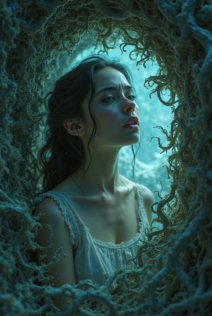 Mila Kunis (age 25, sheer night gown) in a trance in her bedroom looking out her window, UFO outside window extends giant eldritch slimy tentacles to Mila
