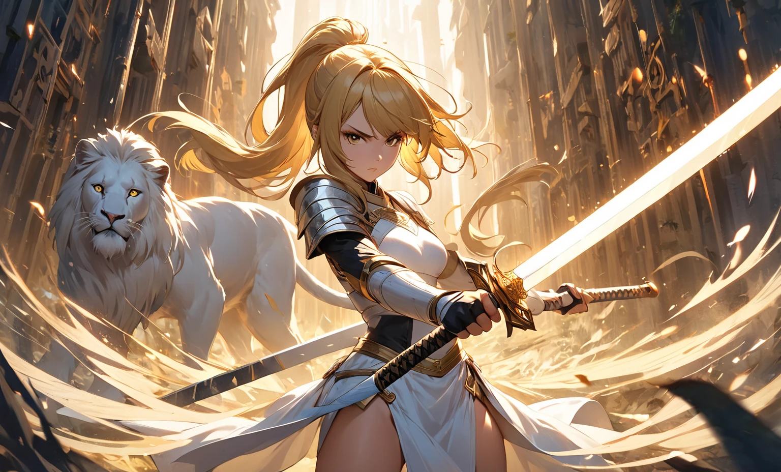 {anime girl}, {japanese clothes}, golden hair, shiny hair, beautiful, {fantasy}, adventurer, sun warrior, {sun powers}, fantasy outfit, {fighter}, {fighting outfit}, skimpy clothes