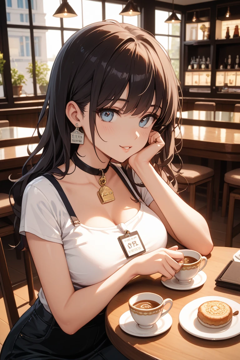Art piece, masterpiece, anime girls, at a diner, artistic, highly detailed, high quality, 4K resolution, sitting at a diner booth, happy expression, extremely detailed art, rain outside of the large windows, peaceful scene, serene, anime style, zoomed out showing one whole side of the diner, black hair with volume, beautiful face, cute sundress, sexy, mature body, city life, perfect body and face, slight smile, beautiful green eyes, breakfast, correct anatomy, posing sexually, highly detailed face, detailed features, talking, beautiful, sexy, cute