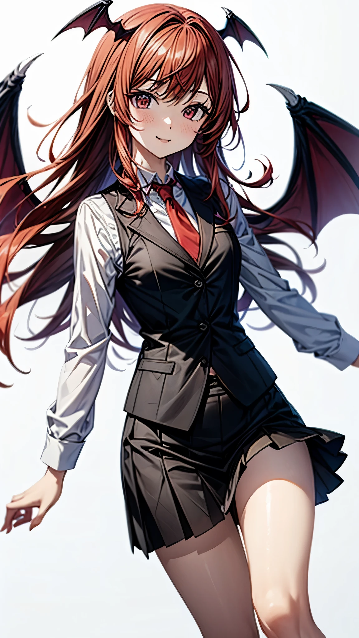(super high quality,Ultra High Definition,16k,super masterpiece,Ultra HD , detailed shading and background,)one girl, long red hair with ocean print,bat feathers on the head, devil's wings on the back, white long sleeve shirt,Black vest,red tie,black skirt,smile,blush,The library where the sun shines,