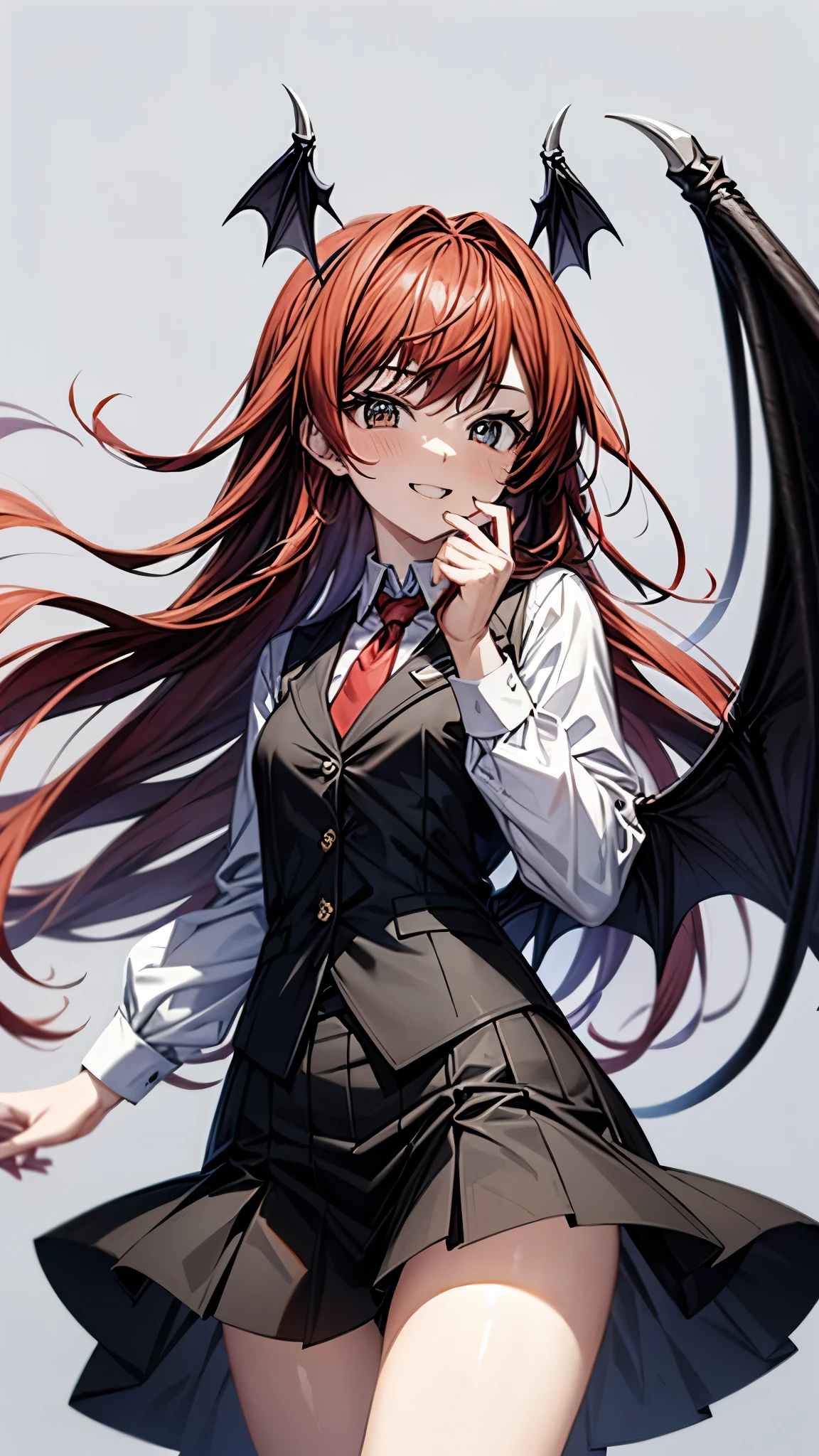 (super high quality,Ultra High Definition,16k,super masterpiece,Ultra HD , detailed shading and background,)one girl, long red hair with ocean print,bat feathers on the head, devil's wings on the back, white long sleeve shirt,Black vest,red tie,black skirt,smile,blush,The library where the sun shines,