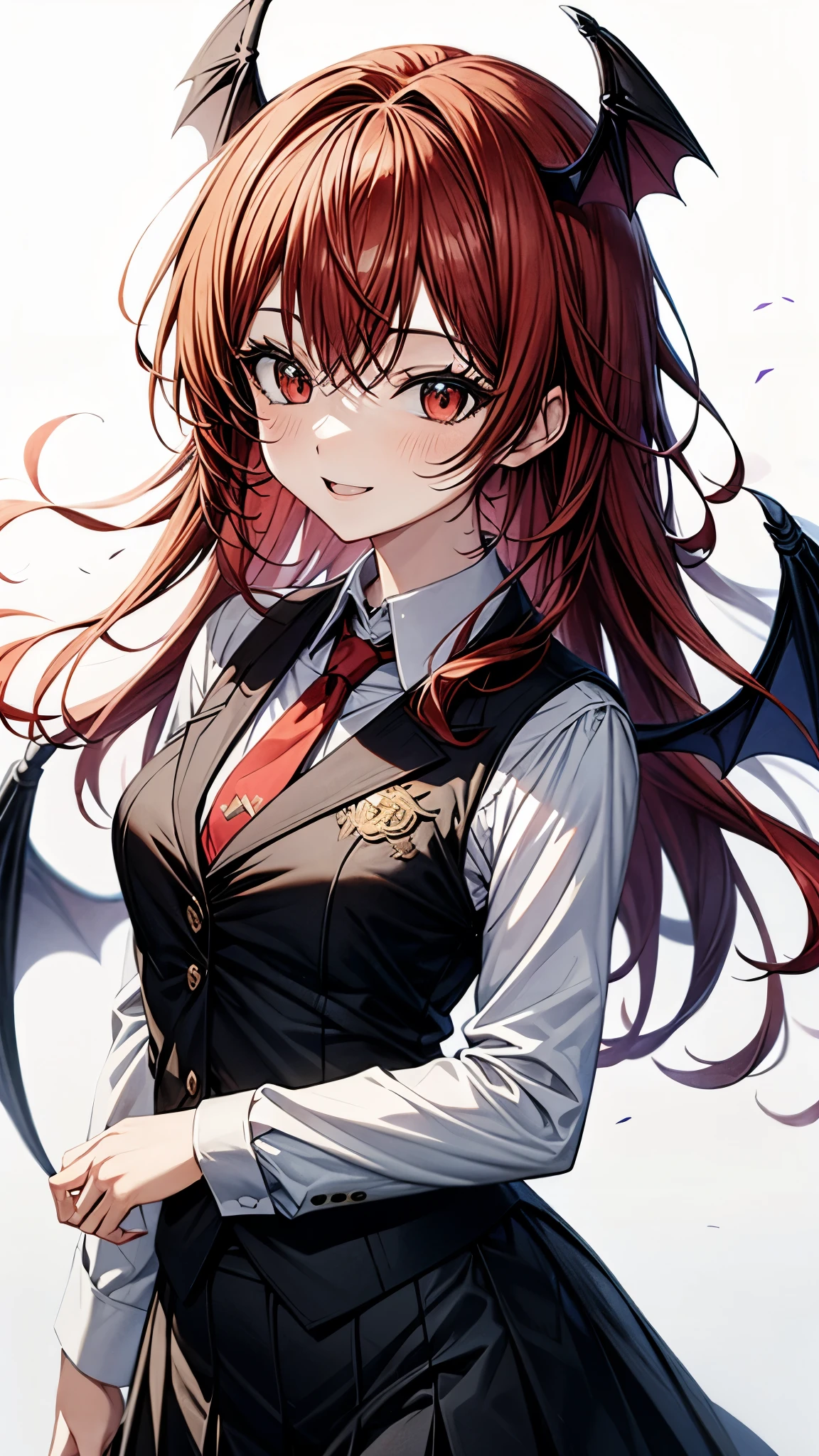 (super high quality,Ultra High Definition,16k,super masterpiece,Ultra HD , detailed shading and background,)one girl, long red hair with ocean print,bat feathers on the head, devil's wings on the back, white long sleeve shirt,Black vest,red tie,black skirt,smile,blush,The library where the sun shines,