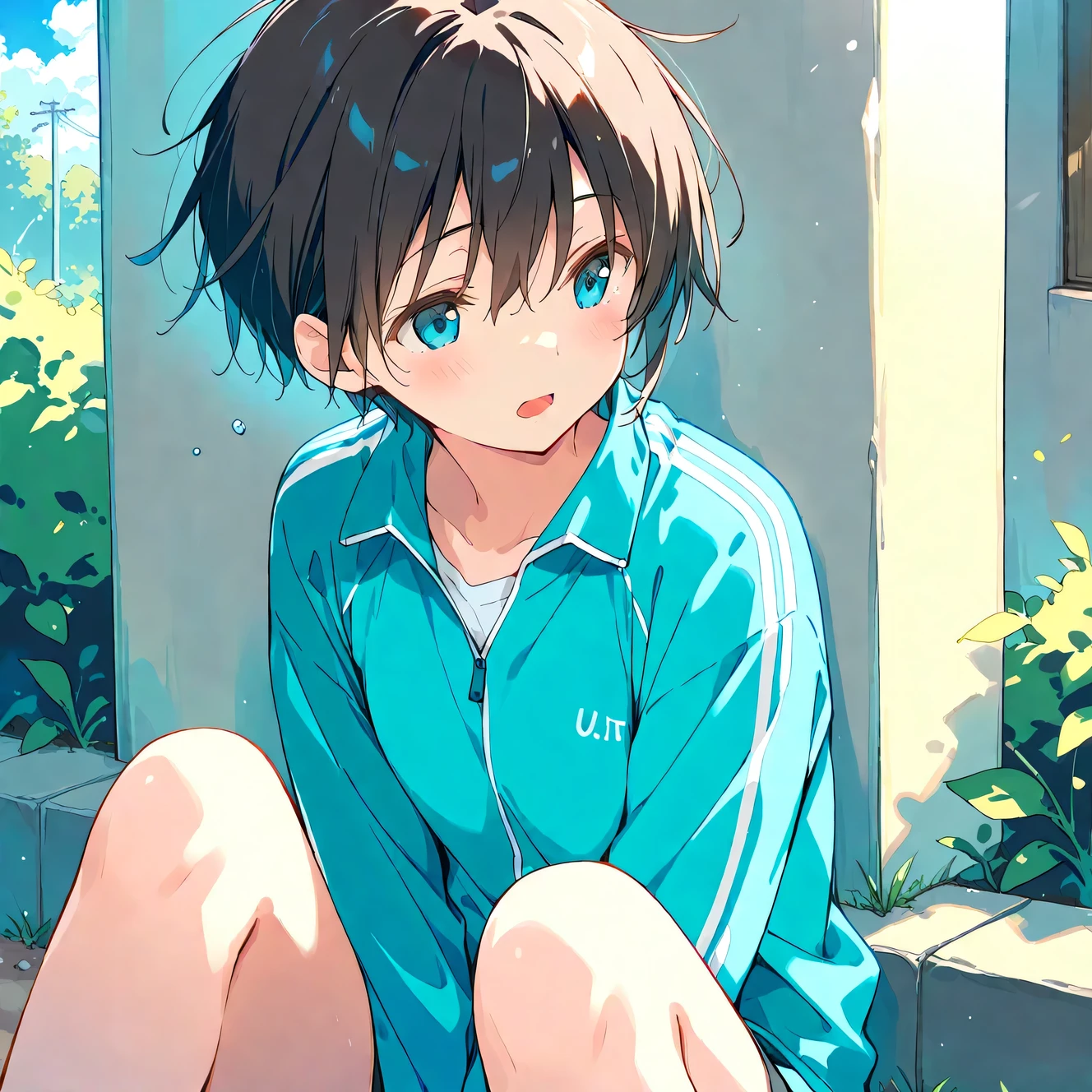(masterpiece), (best quality), (ultra-detailed),artist:kokonoka, 1girl, cute tomboy, open mouth, sitting, exhausted, outdoors, wind,
