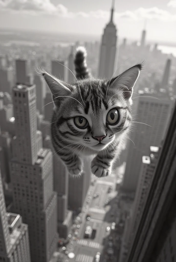 In 3d Pixar animation.
Black and white stripes tabby kitten flying in the air above the buildings. Expression, worried.
background New York City,