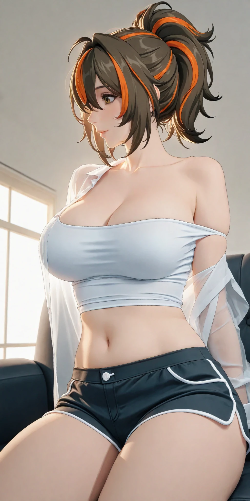 zhu yuan,kawaii,ponytail streaked hair,mature female, housewife, brown hair, messy bun, slight wavy hair, white tshirt,sexy shorts, open shirt, transparent shirt, bare shoulder, milf, cleavage, navel, soft light, high detailed, best quality, upper body, below view, sofa 