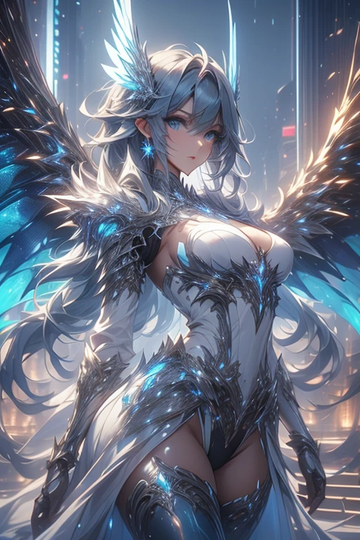 Knights of Paradise、White and blue armor、leotard、leotardアーマー、Umbilical cord、leotardスカート、Armor Skirt、3Pair of huge wings、Lord Gabriel、Ritter Gabriel、alumina、Grasp the sword、Stigmata、(((SFW、sound、Highest quality、first-clasasterpiece、Normal body、8k、Detailed face、Ultra-precision、Normal hand、Normal finger、5Finger、Highest)))