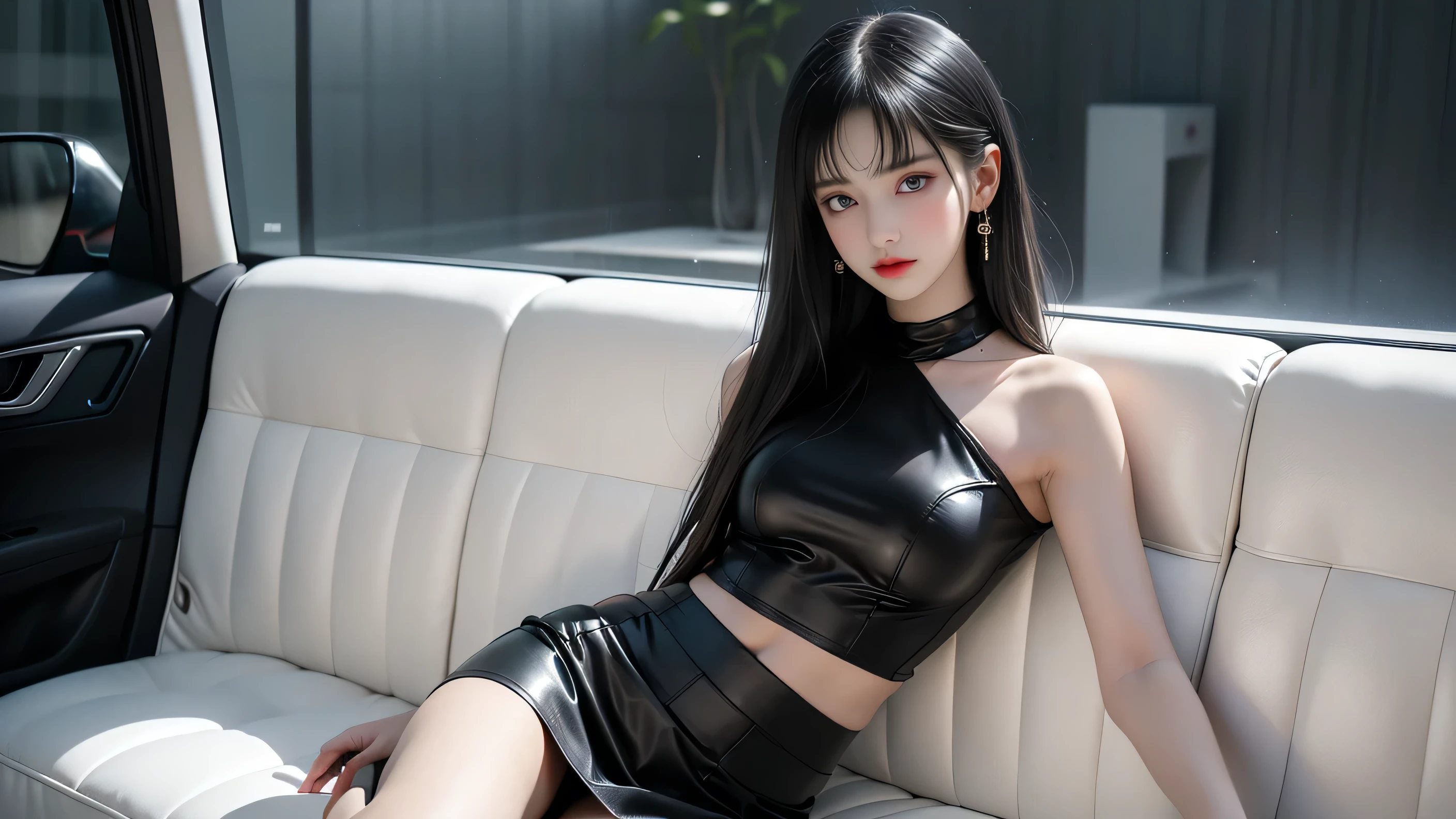 Beautiful woman with perfect body：1.4，Prominent cleavage，Layered Hairstyle，Highly detailed face and skin textures，Double eyelids，Skin Whitening，Long hair，Whitened long legs，（Rabbit ears、Black tube top、Black leather skirt）
