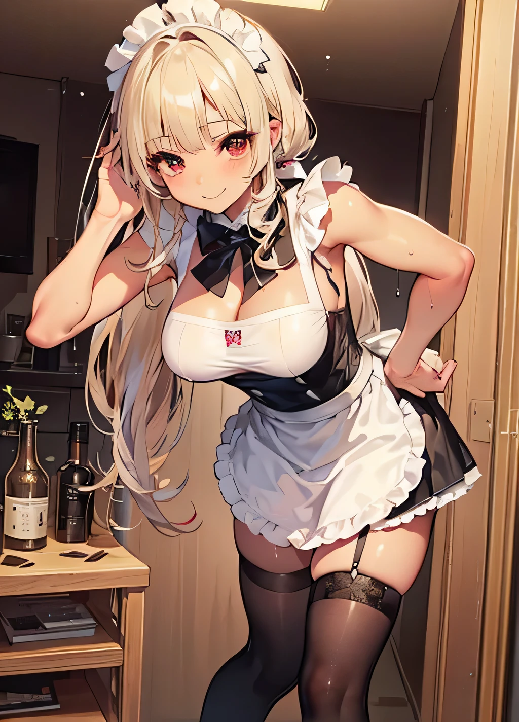 One Woman、beautiful girl、Maid、20-year-old、Bobcut、Western-style building、Maidの制服、Maidカチューシャ、Short skirt、Black Pantyhose、Highest quality, smile,Big Breasts、Very big boobs、Put your on the table、 sinking into the table、Put your boobs on the table、Bust up angle、Place breasts on table、Put your on the table、Place your chest on the table、Poses that emphasize the breasts