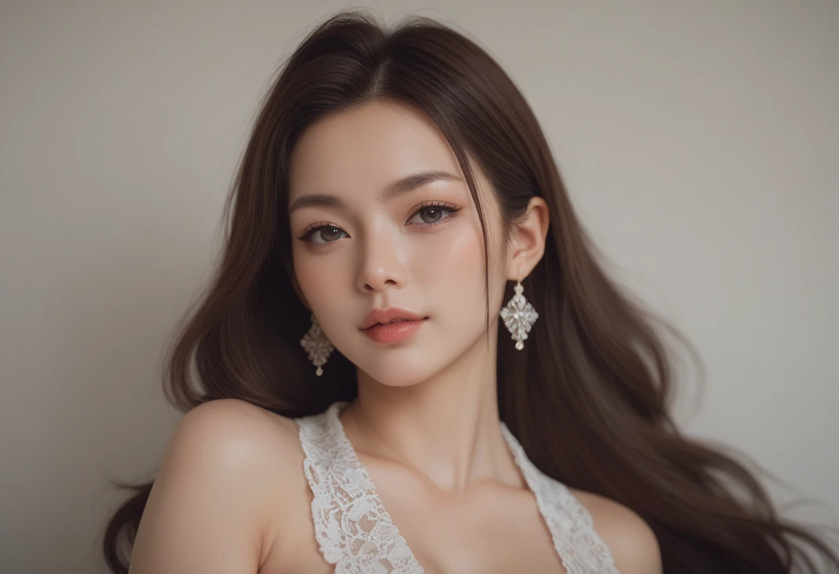 (masterpiece:1.4), (8K, realistic, Raw photo, highest quality: 1.4), Japanese, (1 girl), beautiful face, (realistic face:1.4), (caramel hair, long hair:1.3), beautiful hairstyle, detailed and beautiful eyes, Charm, ultra high resolution, surreal, very detailed, Best ratio, (detailed face:1.4), looking at the viewer, red lipstick, (Best ratio fingers:1.5), (blue eyes:1.0), realistic big breasts, (closed mouth:1.5), slender body, (I can see the whole body:1.5), fine skin, Lace Trim Dresses, deep low neck, cleavage, dynamic pose, fascinating, full length frame, High detail RAW color art, earrings, diffused soft lighting, shallow depth of field, sharp focus, hyper realism, cinematic lighting