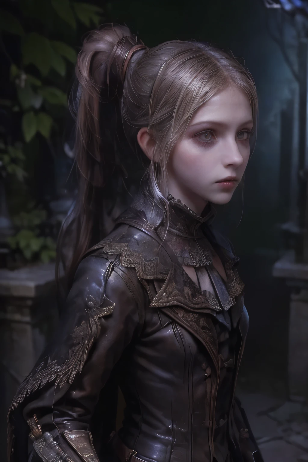 ((best quality)), ((masterpiece)), (detailed), score_9, score_8_up, score_7_up, score_6_up, (1girls), a female occultic knight, witch, knight, wielding a rapier-like sword, perfect face (((mastepiece, of the highest quality, super detailed))), photorealistic, Dark fantasy art, dark fantasy, ((gothic art)), ((Bloodborne inspired)), (Victorian era inspired), (Brotherhood Of The Wolf inspired), (typical witches hat sharing design features of a hunter's cap), (leather trousers with buckles and belts), (occultic vibe), (cosmic horror vibe), (occultic military uniform), (military witch), ((intricate and beautiful cloth and leather clothing)), (regal and elegant, a person of great social importance), ((mature, foreboding atmosphere)), ((dark and gloomy)), ((((Highly detailed face)))), small thin nose, Small thin lips mouth, (((Very sharp focused eyes))), ((perfect symmetrical beautiful eyes)). looking here, (resolved expression), (resolute expression), (sad face), beautiful (((very small breasts))), (((little boobs))), (((tiny breasts))), (((flat chest:0.1))), (((very tiny boobs))), (((very flat chested))), ((giner hair, red hair)) hair, ((long ponytail, thick ponytail, heavy ponytail)), very long eyelashes, soft lighting
