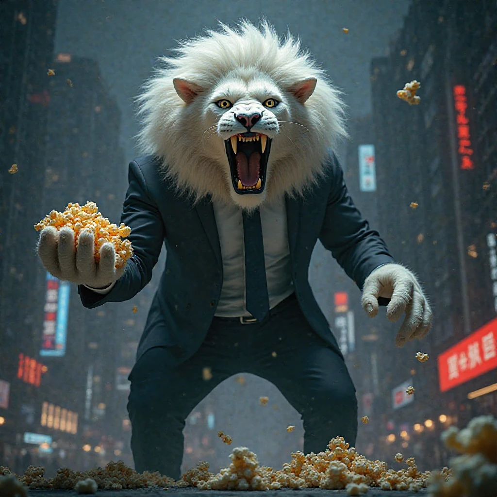 The white muscular cat, with wearing its stylish look and immense strength, defeats the goons effortlessly. The goons try to flee, but the cat quickly catches them and snatches away their guns. The restaurant erupts in applause, echoing with cheers for the cat's bravery.