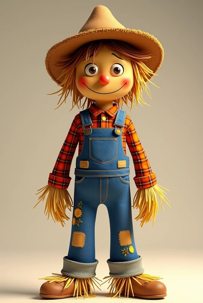 Brazilian Pixar Disney cartoon style Festa Junina scarecrow, facing forward with full body showing all the details with an elongated body wearing a denim jumpsuit with plaid patches, a plaid shirt and a straw hat. Instead of hands and feet he has straw and on his face he has eyes and a nose made of sewn buttons and a fun smile.