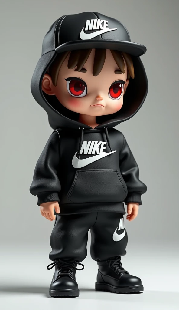 Make me an image of a funko pop. with a flat black cap that the cap says the phrase infamous neighborhood, that he is wearing a red sweatshirt that says infamous people from the neighborhood with black pants and white Adidas tennis shoes with 3 black lines