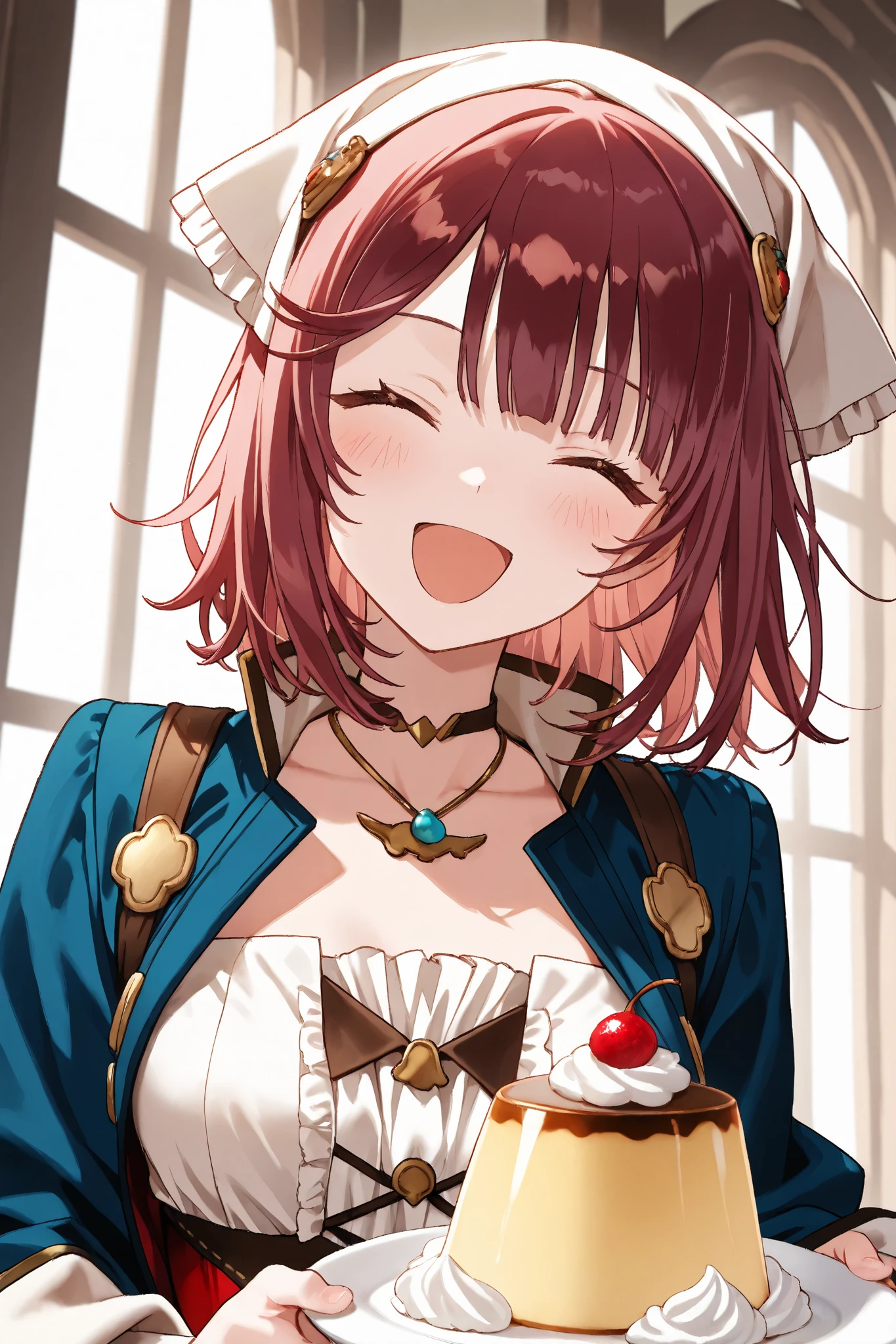 1 girl,solo,sophie neuenmuller,ソフィー・ノイエンミュラー,ソフィーのアトリエ,
sophie, brown eyes, red hair,hair ornament is gold, collared blue coat, wide sleeves, red frill skirt, cross-laced clothes, underbust,big eyes,ite,
babdium breasts,white head scarf,Whale Necklace,beautiful hands,no collar,String choker,
open mouth wide,(closed eyes:1.2),smile,blush,
(Whipped cream:1.1) and pink cherries on pudding,(Whipped cream around the pudding:1.1),pudding on the dish,(Holding a plate with both hands:1.1),look at viewer,pudding in front of head,eyes in pudding,
Soft natural lighting,portrait,dynamic angle,from front,brown band,
(top quality, Masterpiece:1.2),