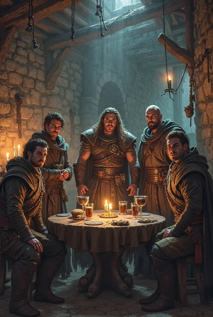 Animation set in medieval fantasy; I want you to set the characters below in a necromantic medieval Tavern.

Agian
Class: Clerigo

Height: average, with about 1,75 meters.

Body:  Slim and agile .

 Hair: short and brown.

eyes:  brown .

 Description : charismatic and full of energy, always ready to face challenges with courage and determination.

Royston Cave
Classe: Barbarian

Height: high, with about 1, 90 meters.

Body:  strong and muscular .

 Hair: long and brown.

barbarian: Thick and full.

eyes: greens.

 Description : One of the barbarian brothers, known for his brute force and combat abilities. He is loyal and protective of his friends.

Rufus Cave
Classe: Barbarian

Height: high, with about 1, 90 meters.

Body:  strong and muscular .

 Hair: short and brown.

barbarian: rala.

eyes:  brown  claros.

 Description : The other barbarian brother, equally strong and fearless. Rufus is a fierce warrior and is always at the side of his brother Royston.

Nilpert
Class: Bard

Height: average, with about 1,70 meters.

Body:  Slim and agile .

 Hair: short and brown escuros.

eyes:  brown  escuros.

 Description : Shrewd and ingenious, with stealth and espionage skills. He is a master at infiltrating places and obtaining information.

Feldon
Classe: Druid

Height: average, with about 1,75 meters.

Body: slim and elegant.

 Hair: long and white.

eyes: grays.

 Description : A powerful and wise wizard, with vast knowledge of the arts Canas. Feldon is reserved,  but extremely intelligent .

Alma
Class: geomante

Height: Average, with about 1,65 meters.

Body:  Slender and agile .

 Hair: Long and black.

eyes: greens.

 Description : Skilled and independent, with a deep connection to nature. Alma is a talented archer and a determined warrior.

Ruprest
Class: doppelganger

Height: average, with about 1,70 meters.

Body: Thin and enigmatic.

 Hair: Short and gray.

eyes:  Blue-gray .

 Description : An enigmatic character and more