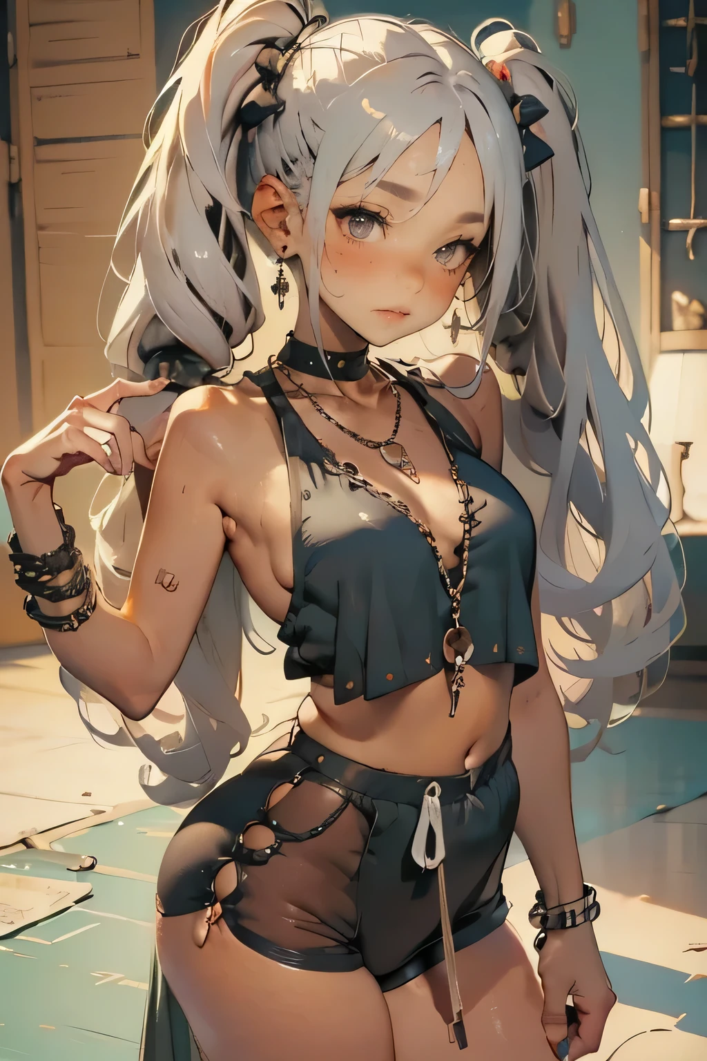 huge, twin tails, Silver Hair, hoodie, Low rise short pants, vintage gothic, Pause , cute, looks up, high quality, necklaces, ring, bracelets with weapons, Earrings, provocative smile , sensual, small buttocks,absolute domain,