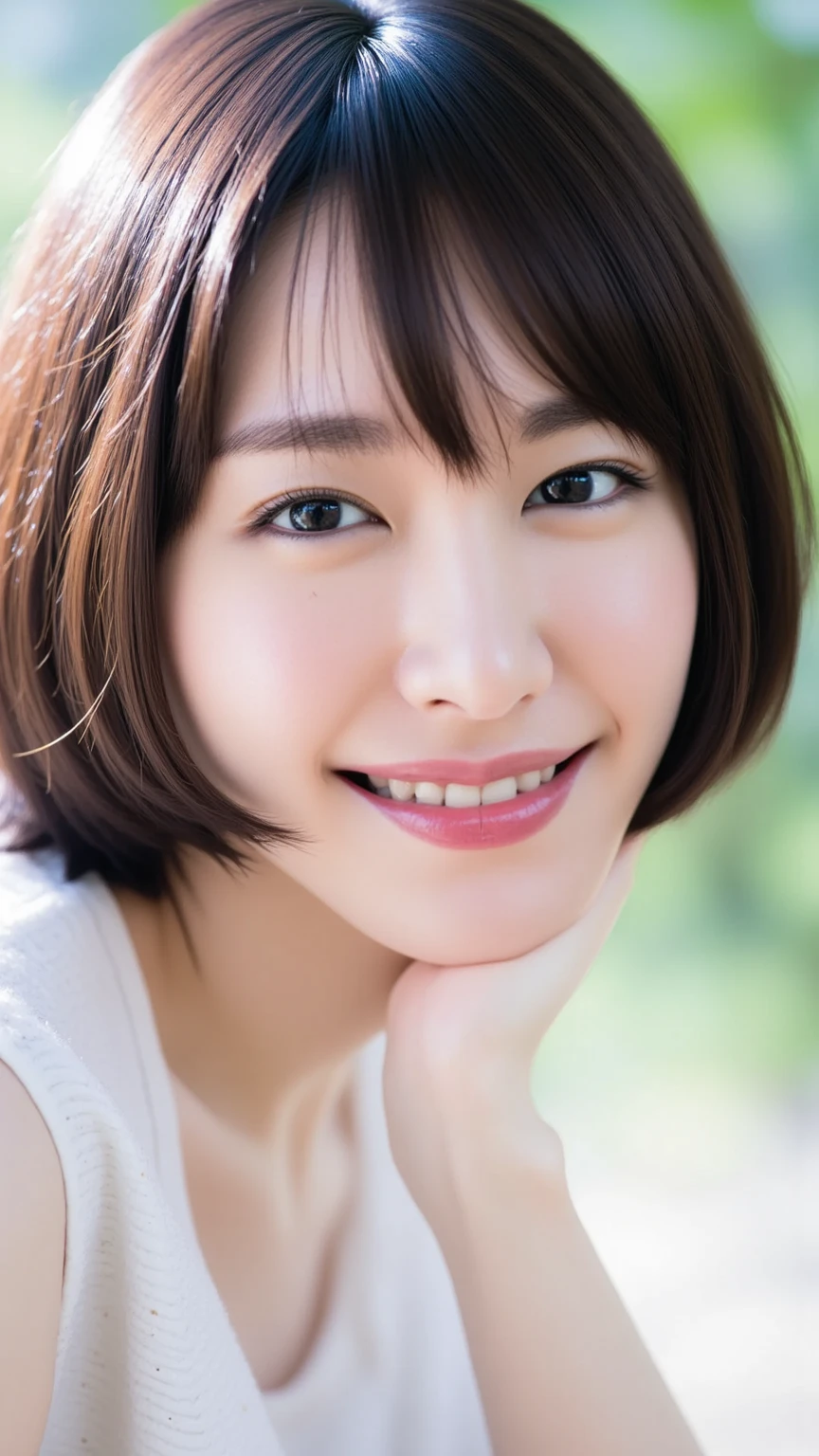 masterpiece,beautiful,extremely detailed,(ultra high res),(8k UHD best quality), (realistic, photo-realistic:1.4), depth_of,field, blurry_background, photo_inset, high-definition,reference_inset,photo_background,brown_eyes,photorealistic,looking_at_viewer,1girl,smile,shiny skin,detailed skin,(((White blouse))),(((Park))),yui, <lora:yui shinohara:1>