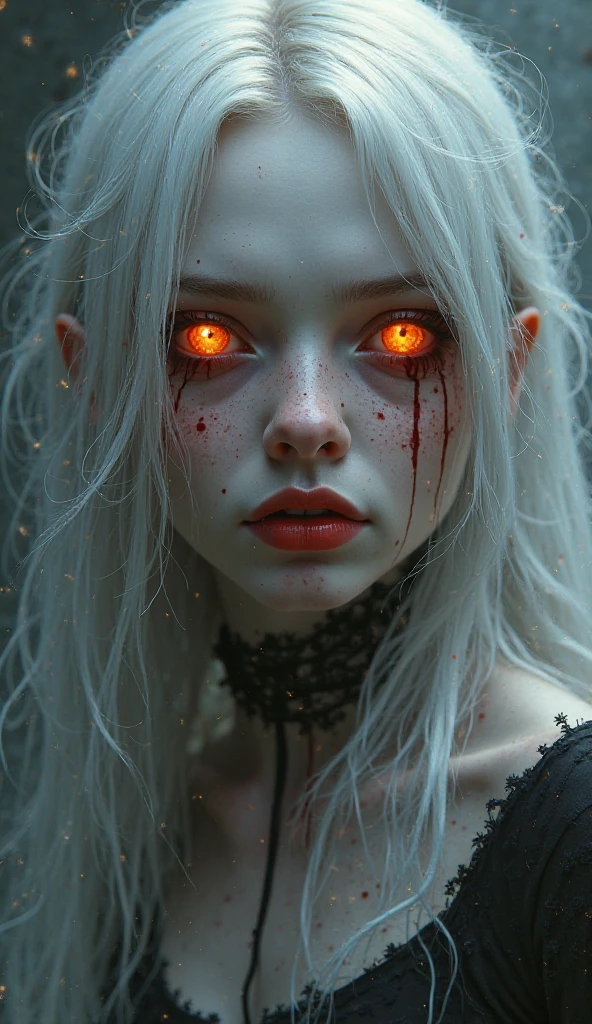 A close-up of a young girl around 19-20 years old with long White hair. Her bangs partially cover one of her eyes., giving it a mysterious air. She has red lips and stunning red eyes, with tears of blood streaming down her cheeks. she is wearing headphones, and the image is focused on your face, capturing the strange and emotional expression. The overall atmosphere is dark and slightly surreal., emphasizing the contrast between her pale skin, White hair, and the vibrant red elements.