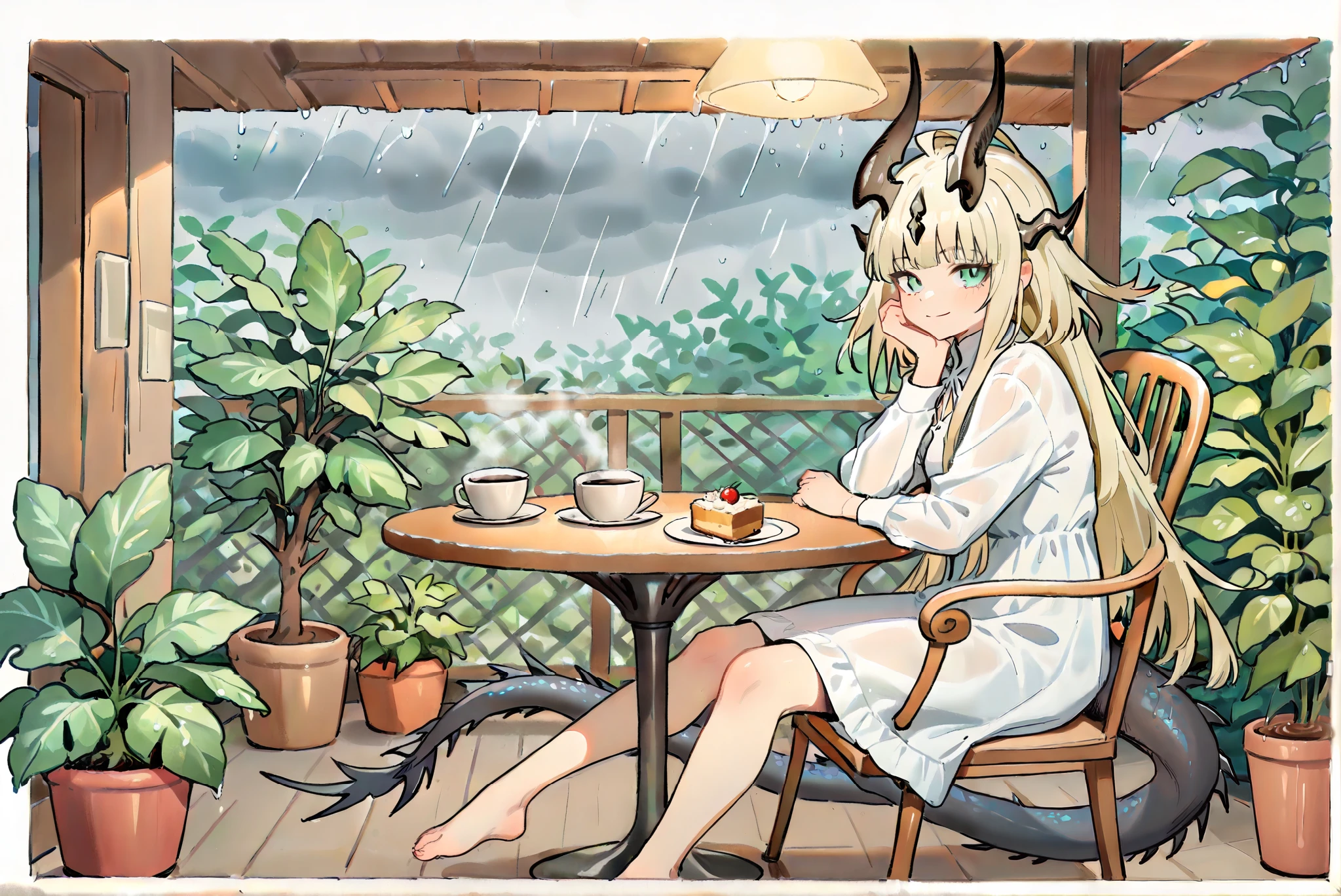 1femal,alone,((Reed)),((Reed_\(arknights\))), Reed_\(arknights\),
,(((in the style of elsa-beskow))),
White clothes。 Blonde。longhair。Black horn 。Green Eyes。dragons Tail。,,,,,, morning cafe ,storm,Houseplants,heavy rain, cafe table,Outdoor terrace, sitting on a chair, coffee, Smile,,,,,,,,,,,Photorealistic Background。(incredibly absurdres:1.5),best quality, amazing quality, very aesthetic, graphite (medium), , linear hatching, great quality,( Flat Color ), very aesthetic, hatching (texture),colored pencil (medium),dynamic angle。