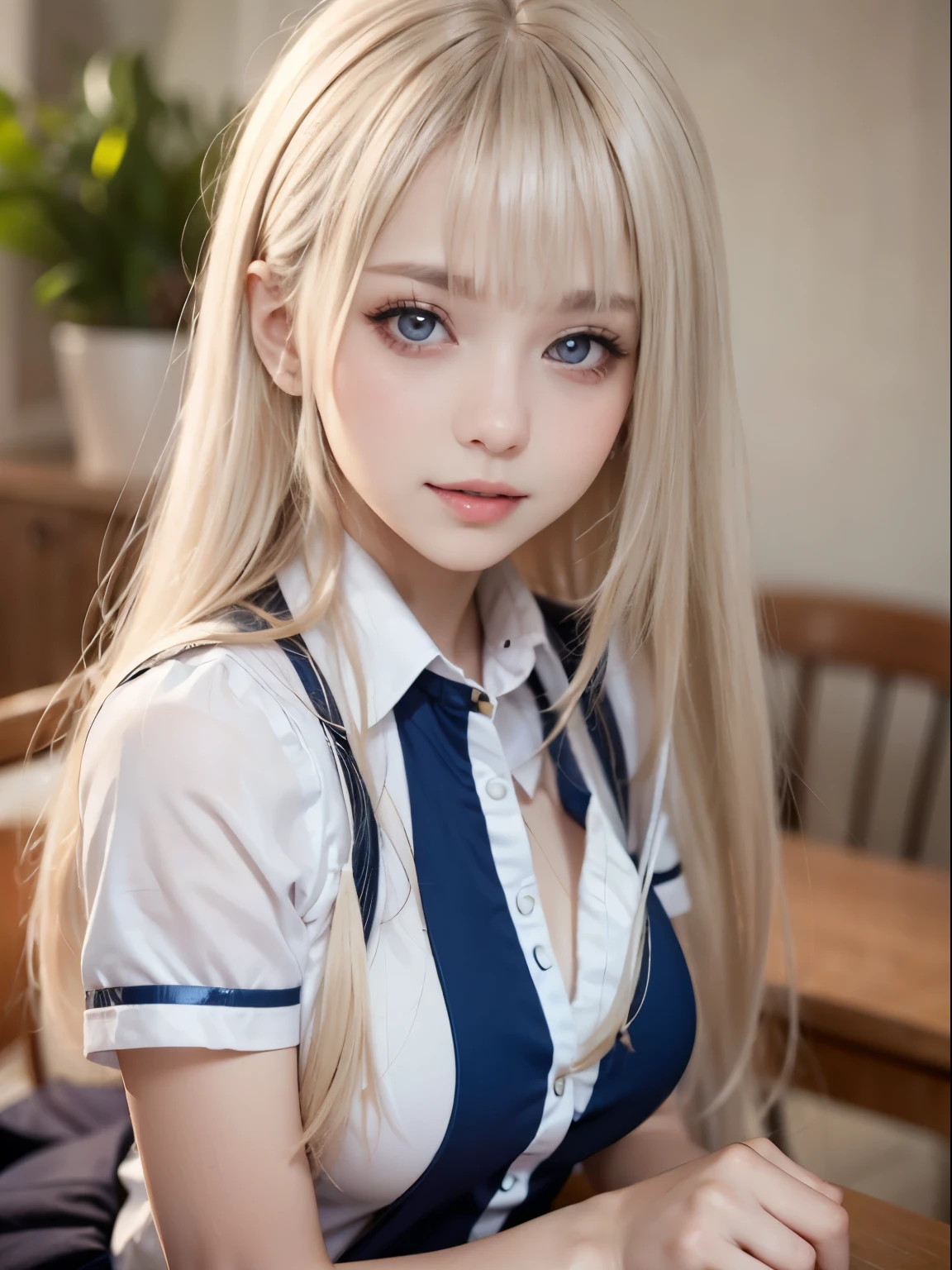 portlate、School Uniforms、bright expression、Young shiny shiny white shiny skin、Best Looks、Blonde reflected light、Platinum blonde hair with dazzling highlights、shiny light hair,、Super long silky straight hair、Beautiful bangs that shine、Glowing crystal clear attractive big blue eyes、Very beautiful nice cute  girl、Lush bust、