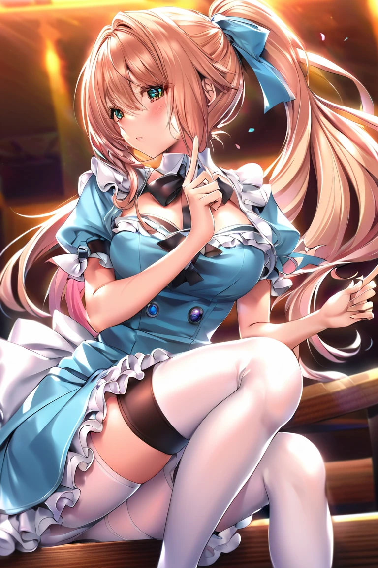 (Highest quality:1.2, anime artwork , anime style, studio animation , runs on a very detailed, latest, vibrant, anime coloring, high contrast, masterpiece:1.2, Highest quality, BEST AESTHETICS), beautiful thighs , brown hair, High Ponytail, perfect body line, skin with attention to detail, cute, detailed faces, exact finger,Alice,Aliceコスプレ(light blue cosplay),tights,白tights