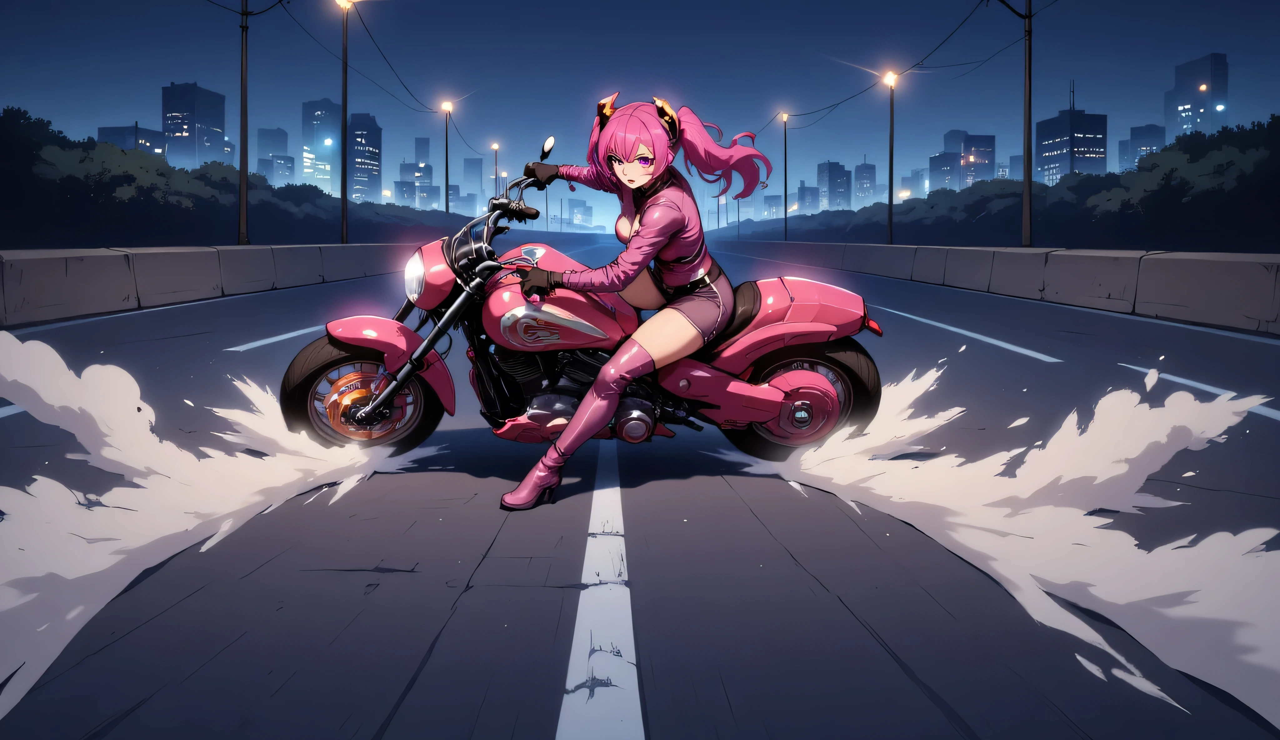 an HD Scene of a short small 20 year old girl with pink twintails hair and ((pink)) eyes, wearing a (((pink medieval leather armour))), focused, high detail, high quality, best quality, 8k, masterpiece, full body, very detailed face, masterpiece, epic action, on a Harley Davidson Breakout with one foot on the floor, leaving a trail of dust towards the viewer, in a modern highway at night, Akira Slide