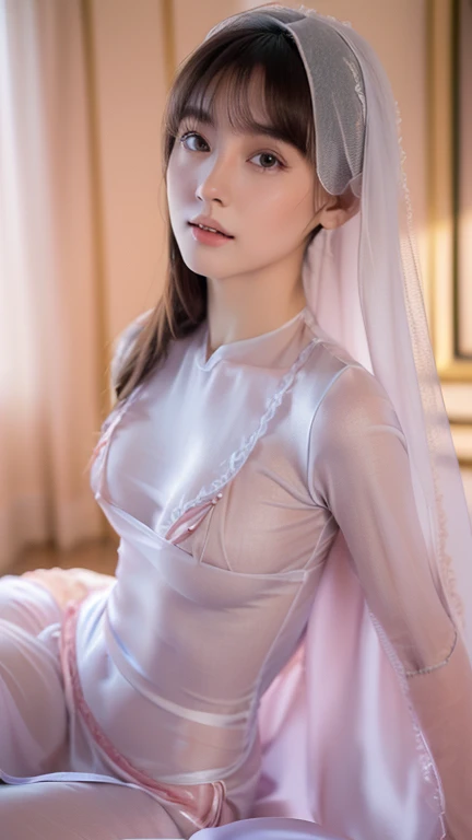 ((Masterpiece)), ((Best quality)), ((A high resolution)), ((Detailed background)), ((Extremely detailed Cg Unity 8K wallpaper)),((Naked, Sheer clothes,Pubic hair,see-through body)), (Raised ,Bigchest,A sexy pose:1.4), Salt name, Blue eyes, Red lips,Women's office clothes,Extremely detailed CG unified 8K wallpaper, Highly detailed, High-definition RAW color photo, professional photoshooting, Realistic portrait,hijab,open legs