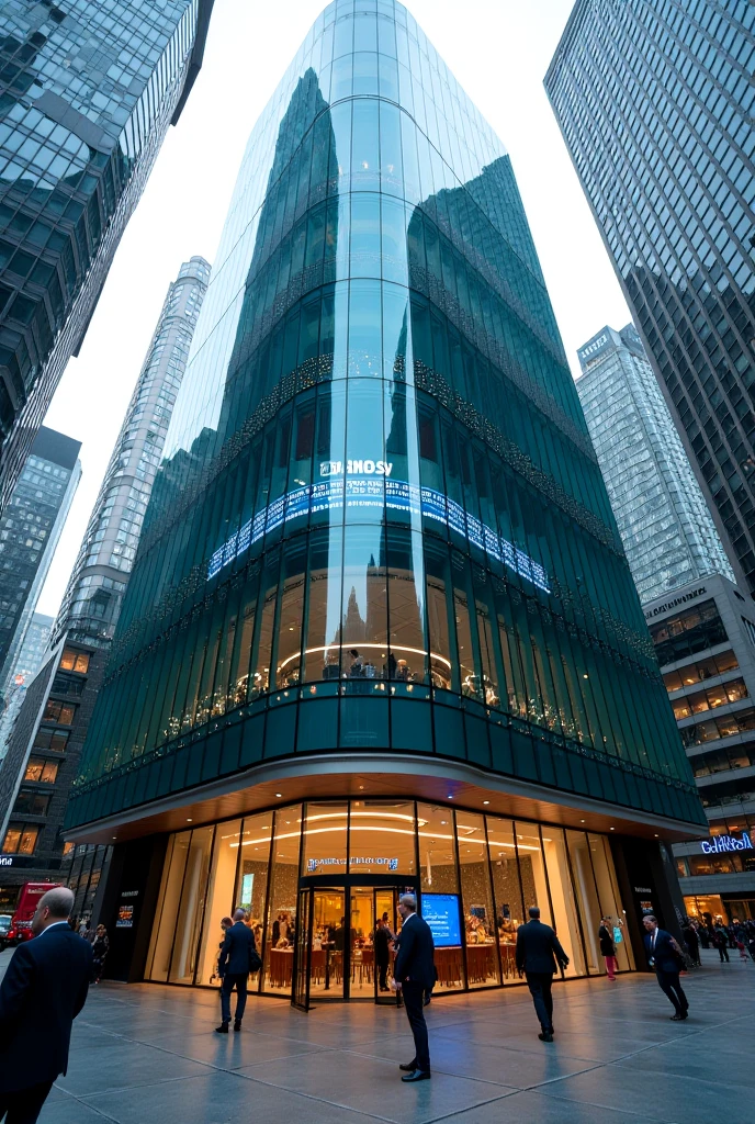 "A modern financial bank with a sleek glass exterior, tall skyscrapers in the background, and a busy financial district. Inside, professional bankers assist clients at high-tech service counters, while digital screens display stock market data and financial news. The atmosphere is sophisticated, with a mix of traditional banking elements and cutting-edge technology.