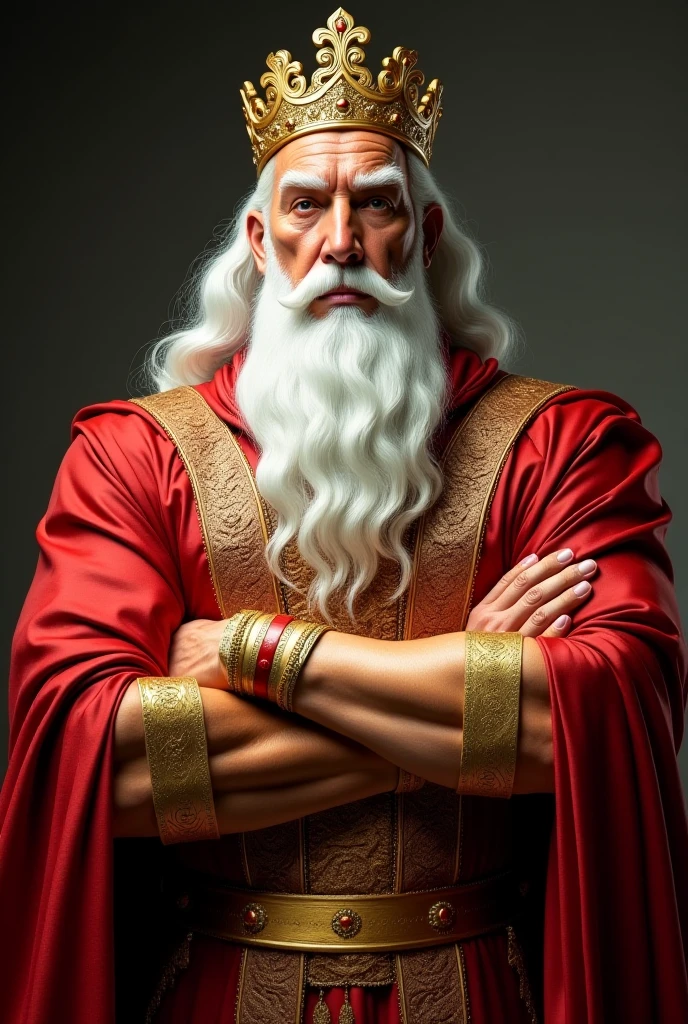 "A regal and authoritative sage with a long white beard, wearing a golden crown and luxurious red and gold silk robes. His face radiates power and pride, with piercing fiery eyes. His muscular arms are adorned with golden ornaments. His presence exudes dominance and control."