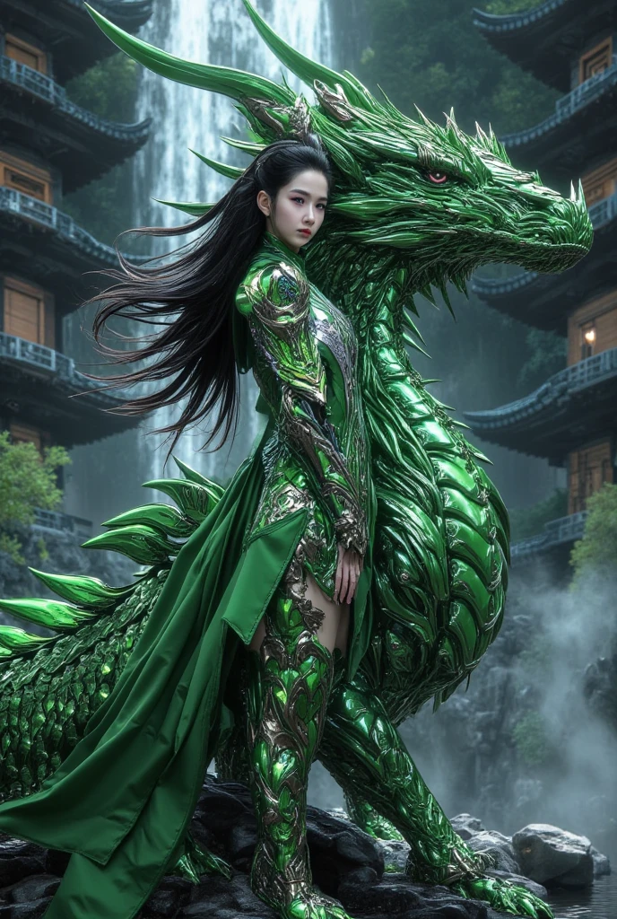 beautiful Standing back Aoi woman Woman riding a dragon Japanese clothing Emerald green mysterious Fantasy