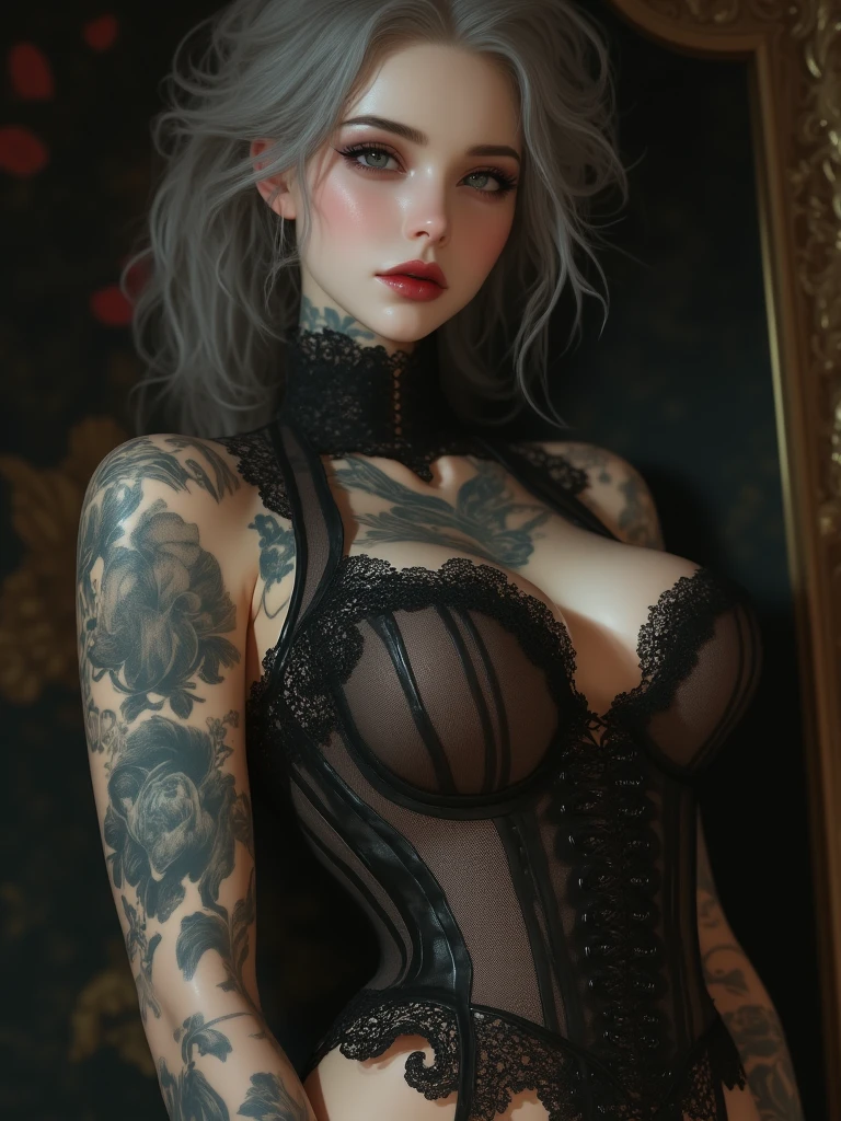 (Chest puffing pose),(Random Hairstyles),(Best image quality,(8K),Ultra-realistic,最high quality, high quality, High resolution, high quality,Attention to detail,Beautiful details,Fine details,Extremely detailed CG,Detailed Texture,Realistic facial expressions,masterpiece,in front),stockings,Silver Hair, (((Tight waist))), ((Big Breasts)),(See through),(((He has many tattoos all over his body)),(NSFW:0.5)
