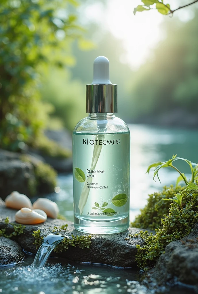 l'image : Le sérum régénérant est présenté dans un flacon en verre , posé sur une roche humide près de l'eau. Autour du flacon, des algues et des coquillages accentuent le lien naturel entre le produit et son ingrédient principal. Le reflet du soleil sur l'eau donne une ambiance lumineuse et fraîche. Un filet d'eau coule le long de la roche, symbolisant la pureté et l’efficacité hydratante du sérum. La marque c’est biotecmer