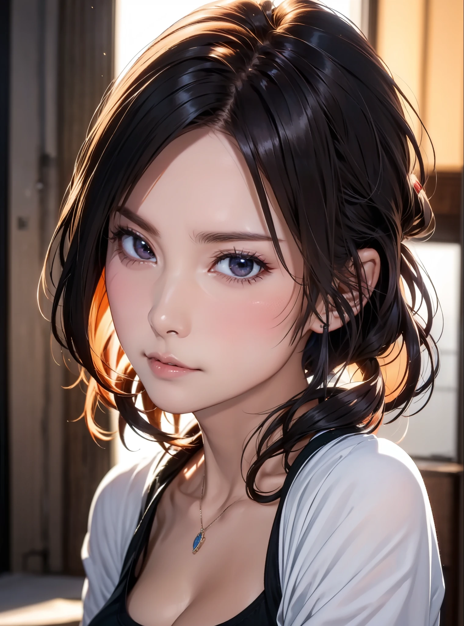 pretty girl, (Brown Hair), ((very bun hair)), Perfect Face, An innocent smile, Upper Body,(Cerulean Eyes), ((Only 16)), Skin dents, Very detailed, Attractive oval face, Red lips, pink, Shiny skin, Thin Hair, Face Focus, Chest close-up, Gorgeous hair ornament, Gold earrings, ((1 girl)), Embarrassed look,