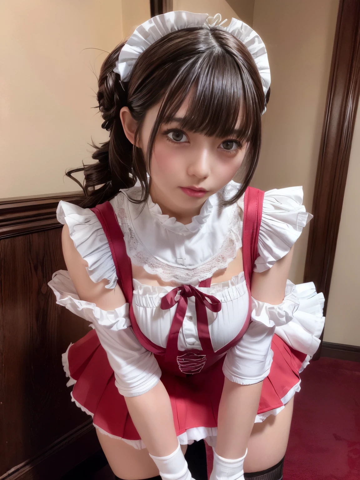 masterpiece, Highest quality, 's illustration , very detailed, Fine details, high resolution, 8k,wallpaper, perfect dynamic composition,(Detailed and high quality, eyes straddling over a woman:1.3), standing, short hair, (wavy hair:1.2), software, Big Breasts, hotel room, (ribbons, Maid, knee-high socks:1.3), aside cutter shirt , ruffle skirt that will break your thighs, big breasts, don't publish , ponytail, black hair, big natural color lips, Perfect Body , Bold Sexy Poses, is crying a little、 Harajuku style、20 year old girl、cute type、、beautiful legs, full body photo、 Focus on Their Crotches, hposing gravure idol