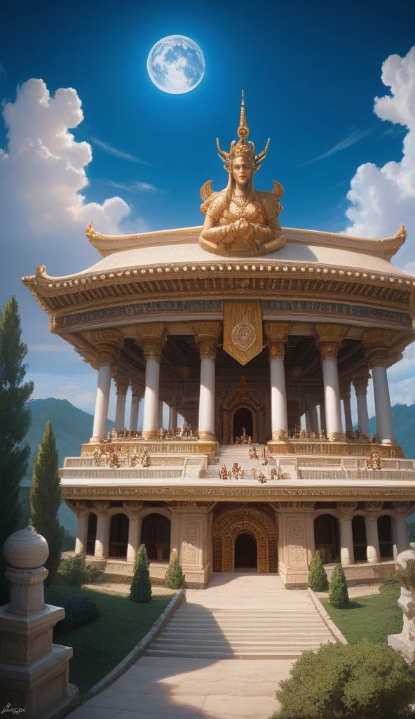 there is a statue of a golden Snake on top of a building, a Buddhist Buddha, taken with sony alpha 9, taken with a Sony A7R camera, a statue, Photo taken with Sony A7R, Buddha, Photo taken with Sony a7R camera, taken with sigma 2 0 mm f 1. 4, Beautiful image, thai temple, statue, dark milky way at the background, stunn, surrealism, Cinematic lighting, god light, back lit lighting, Textured skin, Super detail, (facade: 1.2),
