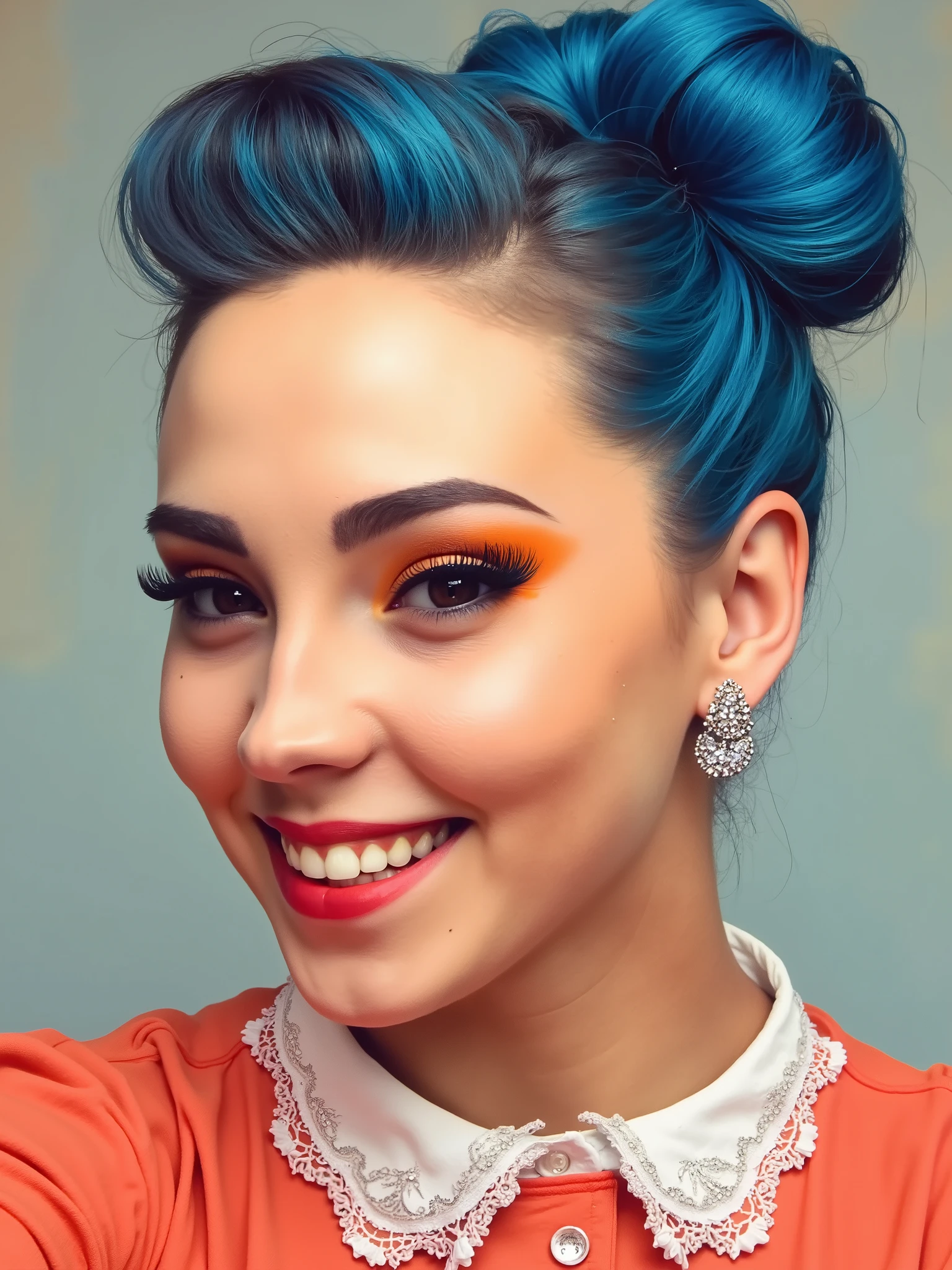 The girl laughs a lot, Bright orange makeup,  blue hair ,  Hair bun,  diamond earrings ,  collar