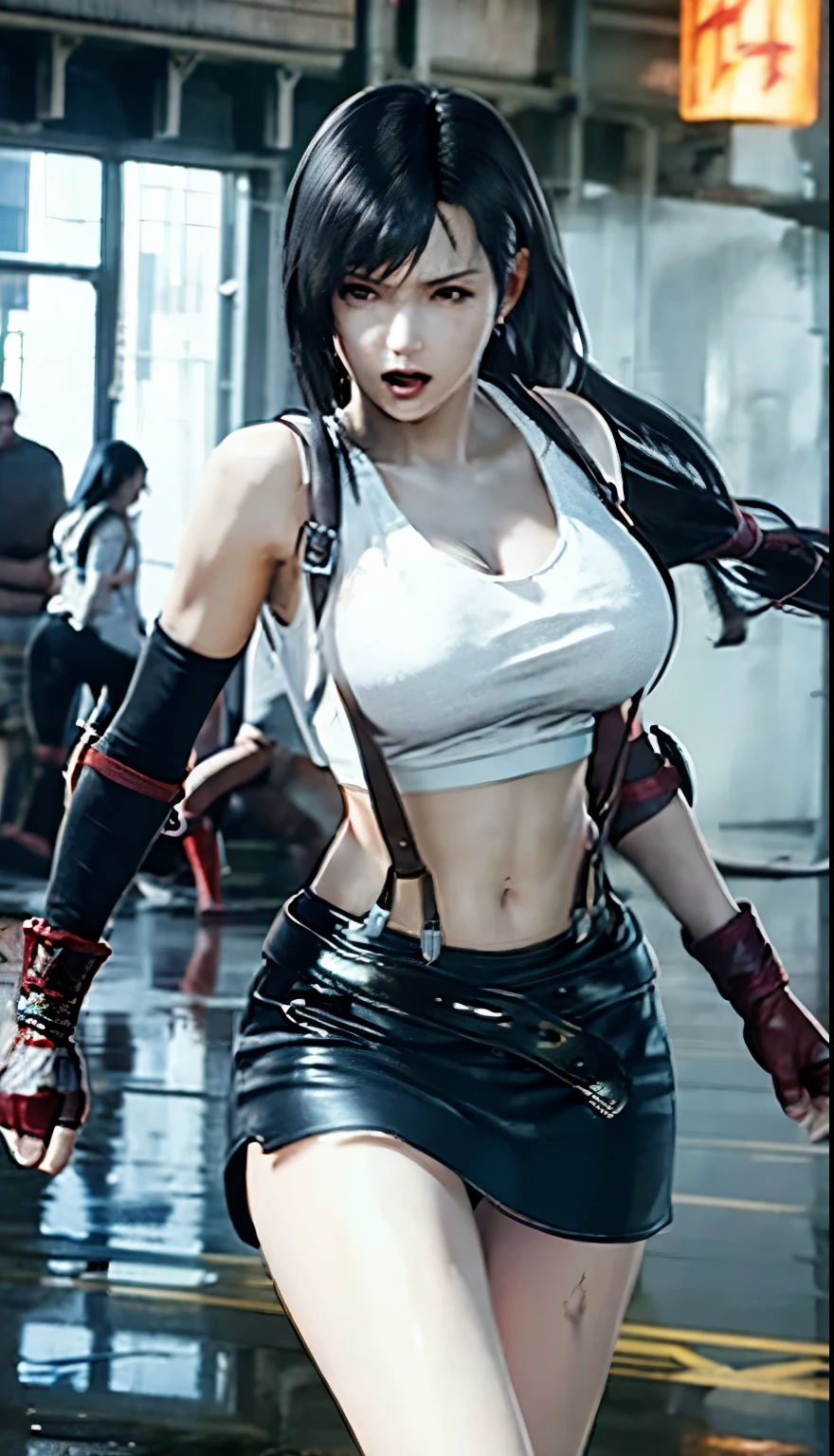 8k,masterpiece, bset quality,huge tit、(1girl in、tifa lockhart、red_eyes、black hair、long hair、Flapping hair, Adult beauty、shinny skin、Shiny big)、 ((top-quality))、 Crisp focus:1.2、Highly detailed facial and skin texture、A detailed eye、face perfect、perfect bodies、art by、CG、Blur the background、Big breasts with a strong presence、(20yo,Mature cool and beautiful face、elongated eyes)、wear ((Suspender Black Skirt)),(( Black Elbow Gloves,White taut shirt、Thigh、white tank tops、Ankle Boots、Red boots、a navel、red blush))、upper body、a smile,Professional-looking light source、Fluttering hair、Random angles、 Low waist,thick thight、face lights, Cinematographic lighting、Midgar、The robotic weapons factory of the future、Fighting、Dynamic Actions、looking at viewert