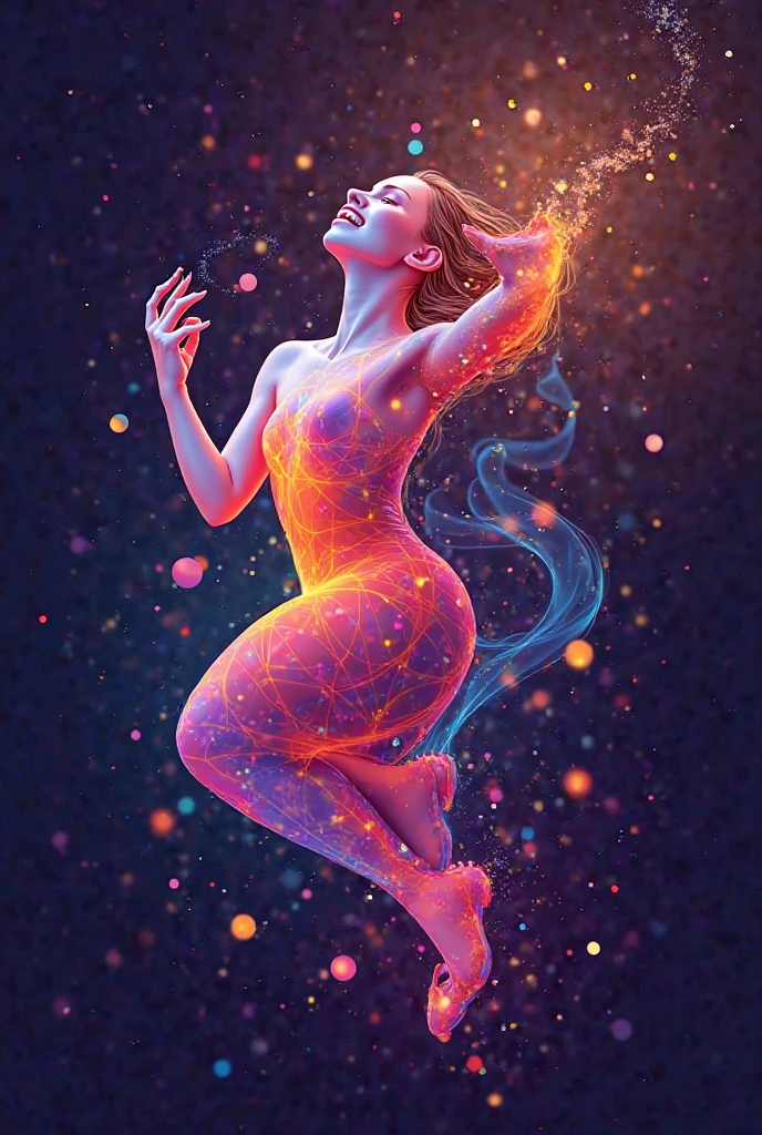 1woman,,Cosmic Fallen Angel,bright colors,Light particles,with light glowing tattoo,Mshiff,wallpaper art,UHD wallpaper,stars,galaxy,(silhouette:1.3),light streaks,abstract,nuclear blast,rainbow,dynamic pose,