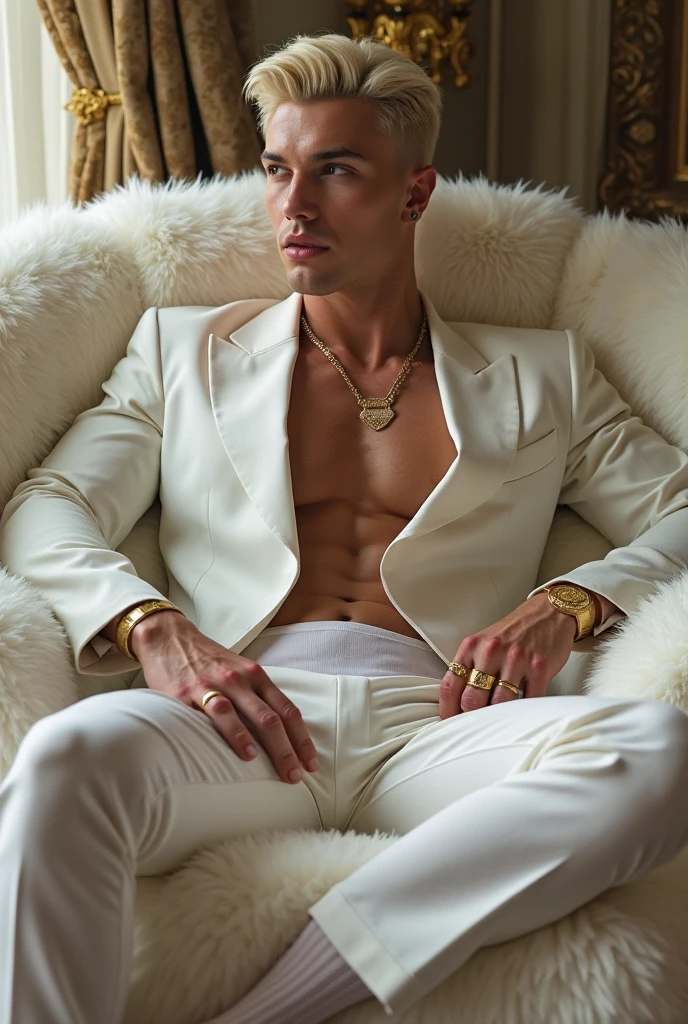 full view, one young chubby light blond rich fat (ex-) male model aaron frew, looking arrogant, wearing fashionable Prada loafers, white high long socks, white shorts, dozens of golden rings, golden chains, golden necklaces, diamond watch, lying on white fur couch, manor luxurious bedroom