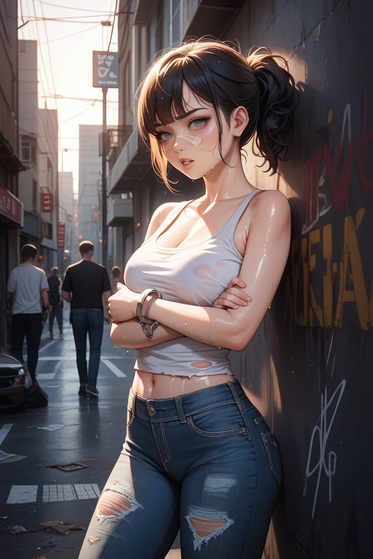 full body view, from top to bottom, 1 girl, 18 years old), wearing headphones, black tank top, short shorts: 1.4, city street, sitting, tying sneakers, graffiti wall, cool drawings, looking at the viewer , (sweat: 1.2), (drop of sweat: 1.2), (wet: 1.2), shiny body, (sweat), (beautiful face), (detailed face: 1.5), (Anatomically correct), (ultra detailed face and skin texture), ( ((brown eyes: 1.3))), ((bright eyes)), intricate eyes, symmetrical eyes, (thin eyebrows), (eyeliner), (( perfect nose)), (red lips), ((wide smile), black hair, short messy hair, bangs (medium breasts:1, 2), (round breasts), (official art), ((best quality)), (Masterpiece), (Ultra Detailed), (High Resolution), (Photo Realistic) ), ((Cinematic Light: 1.2)), ((High Resolution)), (Visible Features), (Line Speed: 1 ,1), ((photorealistic: 1.37)) ,((extremely detailed), post-processing.