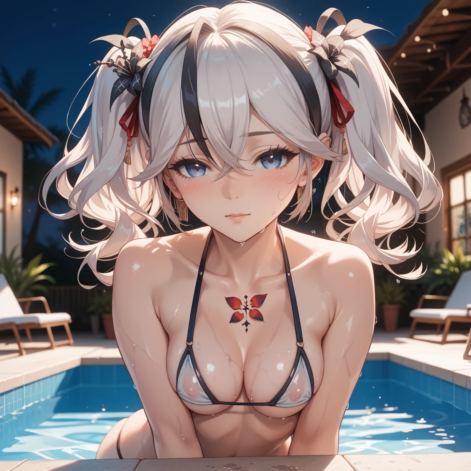 (highest quality:1.2, Very detailed, up to date, Vibrant, Ultra-high resolution, High Contrast, masterpiece:1.2, highest quality, Best aesthetics), Portraiture、girl、singer, solo, ((25-years-old:1)), Bright colors, Beautiful fine details、Beautiful lip detail、midium wave hair、red and white ((streaked hair:1.6)), highlights hair: 1.5, red eyes, slim body, meddium breast, (tan skin:1.1), ((micro bikini)), (swiming in pool), resort pool in tropical garden, (Floral Fineline tattoo design on left arm:1), put one hand on the waist, (cowboy shot:1),