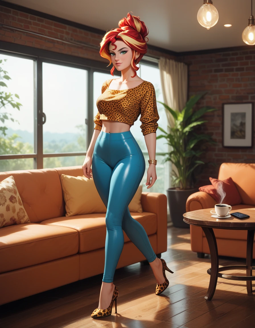 girl,short yellow hair,velvet red yoga pant,t-shirt,thick thighs, thin hips,in the room,standing,focus crotch
