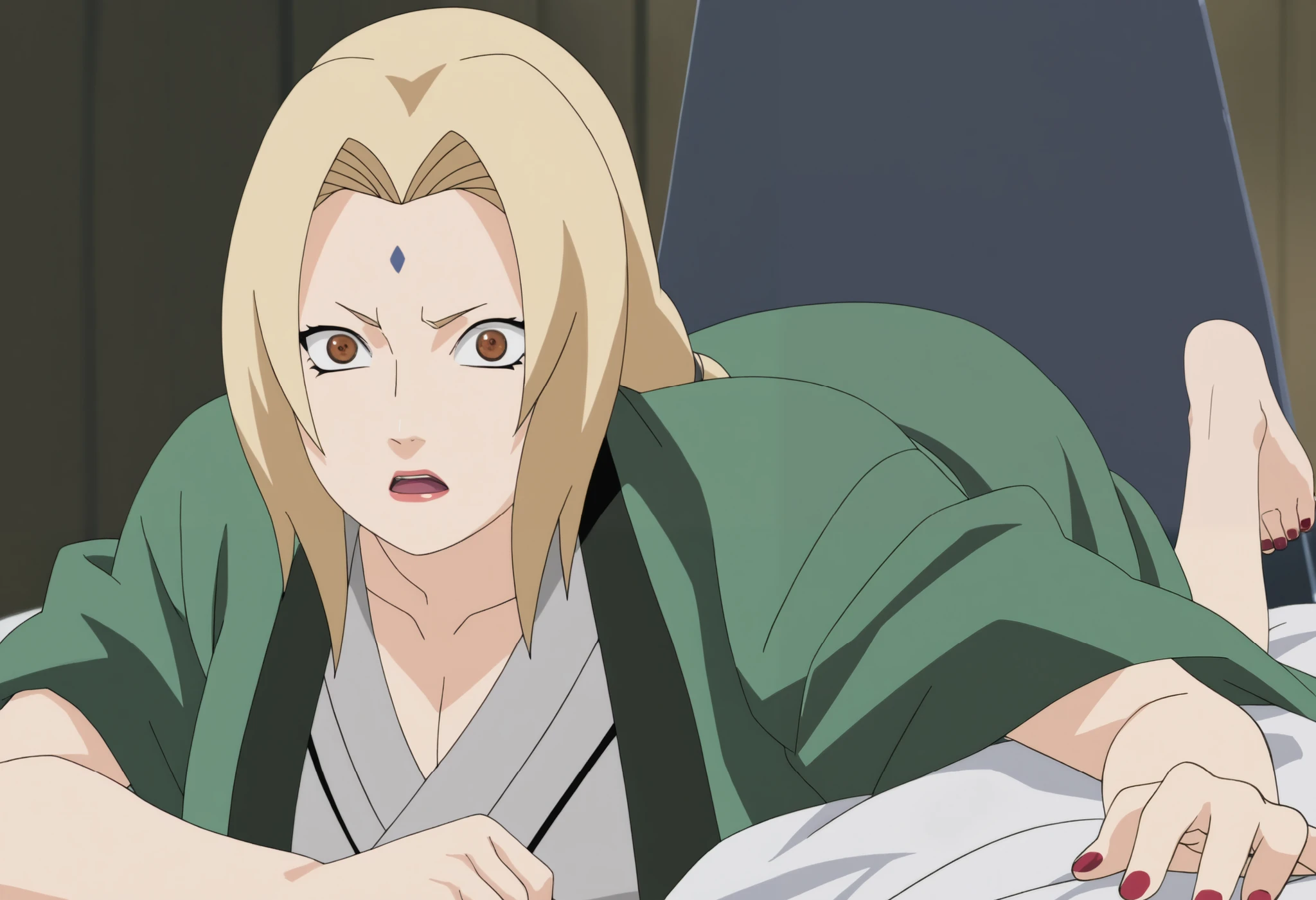 anime screencap, anime coloring, , , tsunade,1girl,mature,breasts,large breasts,cleavage,brown eyes,forehead mark,facial_mark, collarbone, lips,red nails, , , SEX, looking at viewer, prone bone,,, (abs),(surprised eyes:1.5)