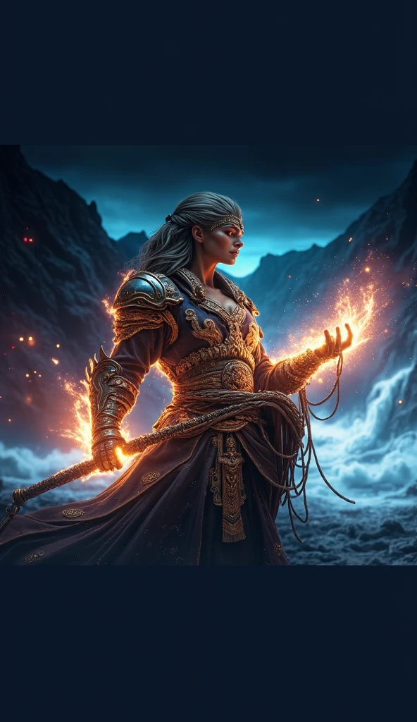 giant female God emerging from the volcano, the face of Nicole Scherzinger with fresh scar, partially monster, she is very slim and fit, powerful and beautiful face and very detailed, lightning and storm in the sky, intricately detailed robes, determined gaze, 50mm camera, epic, dramatic environment, blazing light, Fire, starlight, fairy dust, dragons, titans, fight, war, mystic land