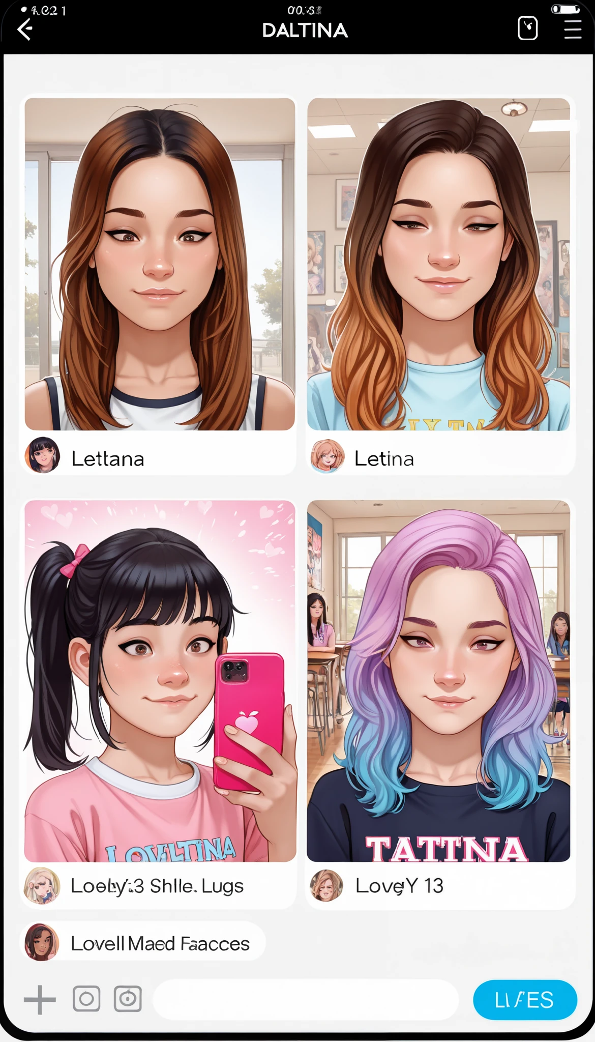 masterpiece, best quality, amazing quality, very aesthetic, high resolution, ultra-detailed, absurdres, newest close up of dating app on phone screen, dating app with multiple profiles, cute art style, multiple young girls, adolescents, multiple preadolescent girls, varied girls, assorted ethnicities (white, latina, asian), preadolescent, middlges 11-13, assorts, vario hair colors and styles, fully detailed faces, lovely detailed faces, stunning art style, detailed and beautiful faces, clear text, various names,