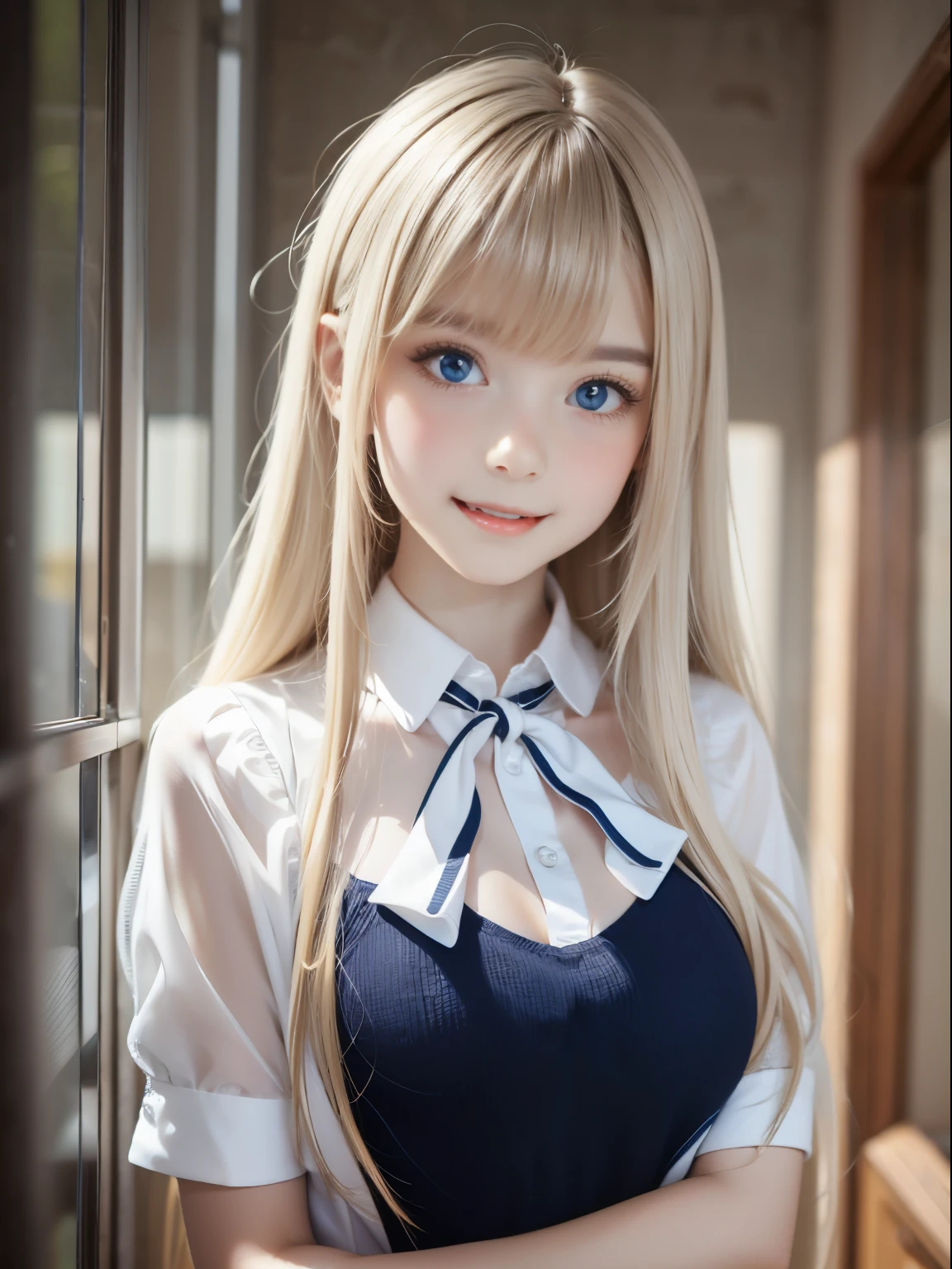 portlate、School Uniforms、bright expression、Young shiny shiny white shiny skin、Best Looks、Blonde reflected light、Platinum blonde hair with dazzling highlights、shiny light hair,、Super long silky straight hair、Beautiful bangs that shine、Glowing crystal clear attractive big blue eyes、Very beautiful nice cute girl、Lush bust、