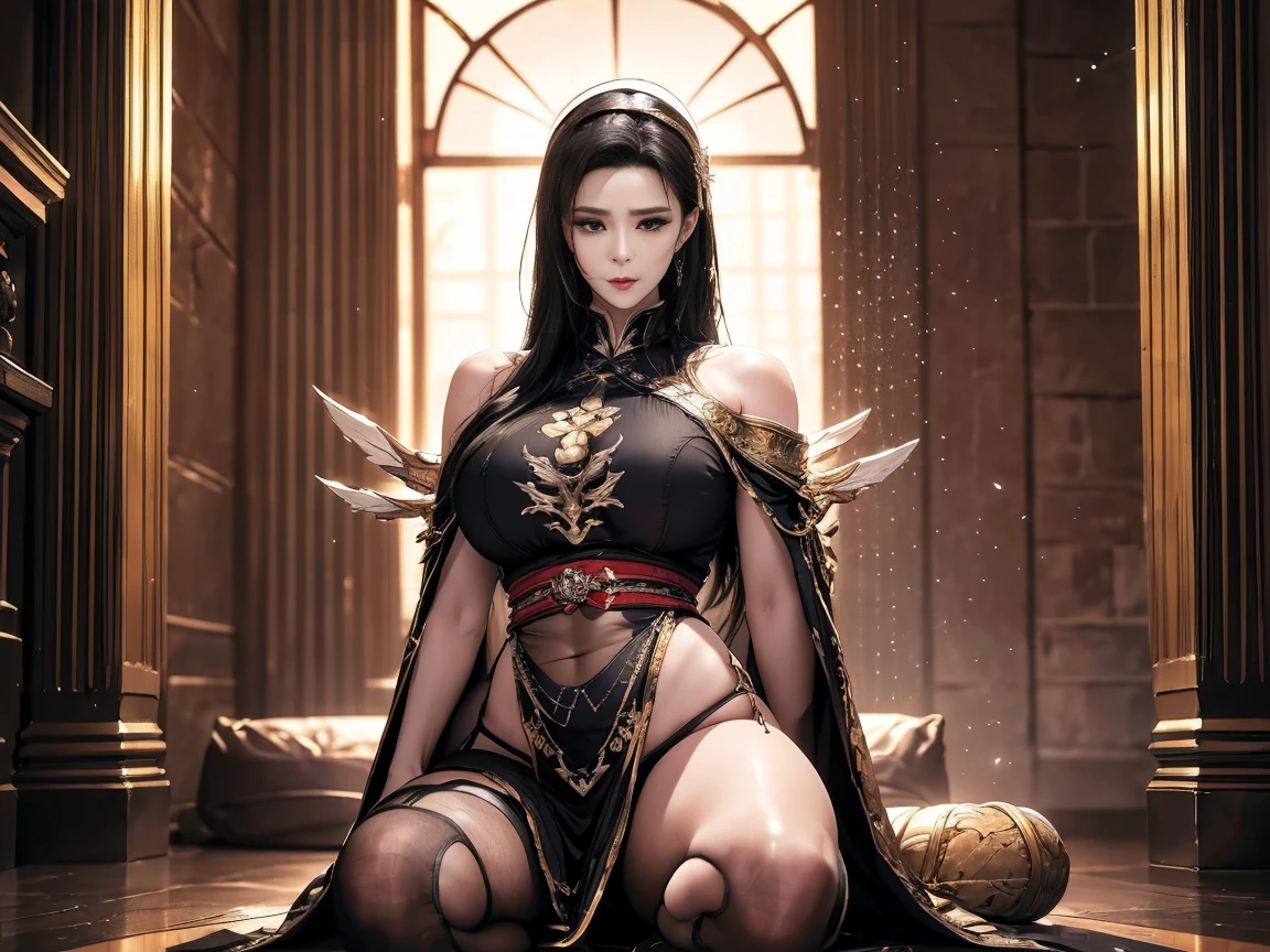 1 chica hermosa oriental, emperatriz, con vestido largo negro, sentada en el trono, ojos verdes hermosos, cabello negro verde y negro, diosa, Slender and athletic body. Trono de oro, in a black-walled imperial hall with gold decoration, corona de oro