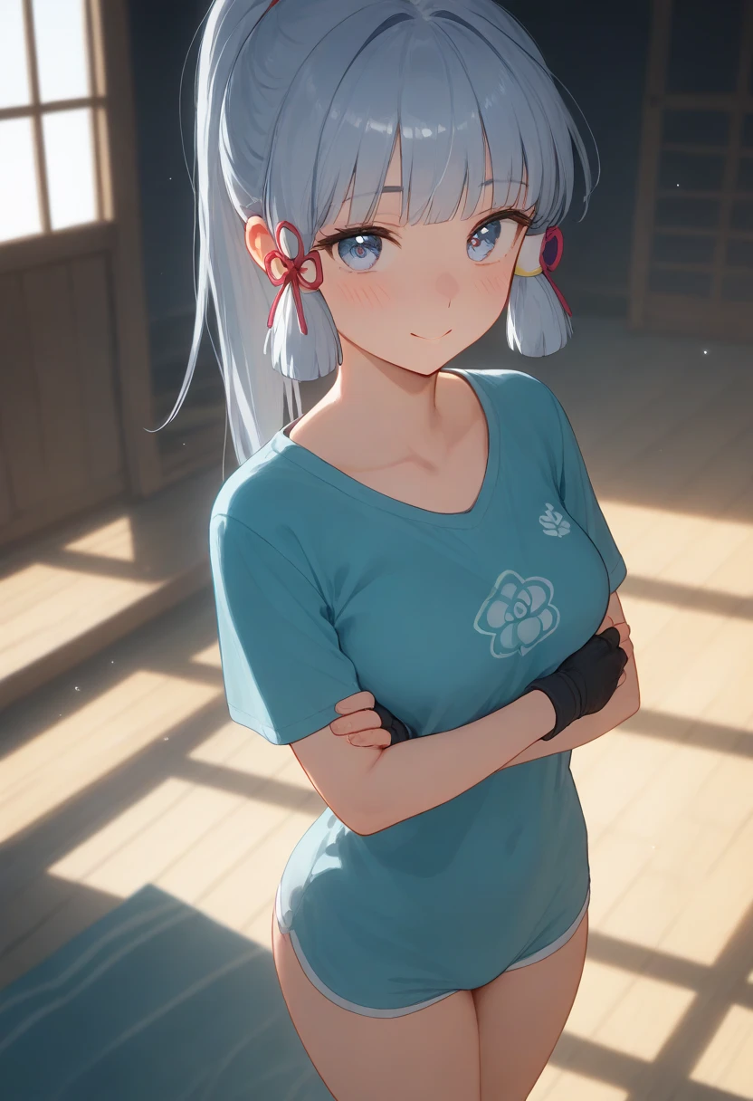 One girl with long ponytail hair, white hair, looking at viewer, embarrassed, blushing, tears, indoor , bare shoulders, bare hands, medium breast, tanktop and shorts, sports shorts, stomach, naked, perfect waist, thigh, tatami, standing, wet, nsfw, day atmosphere, hair ornament